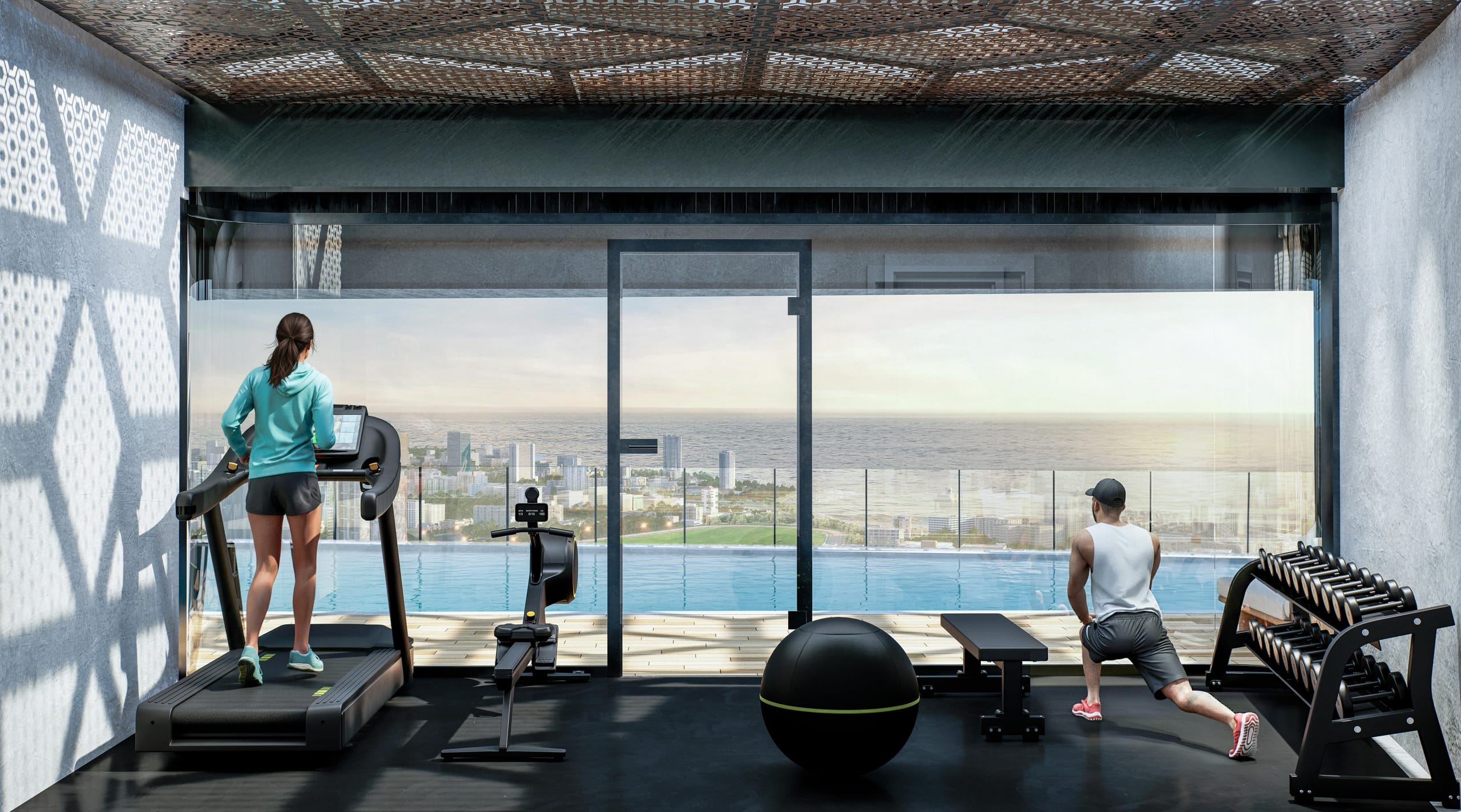 Rooftop gym with a perforated ceiling casting patterned light, a woman on a treadmill and a man stretching, looking out through glazing over the pool to the city and sea.