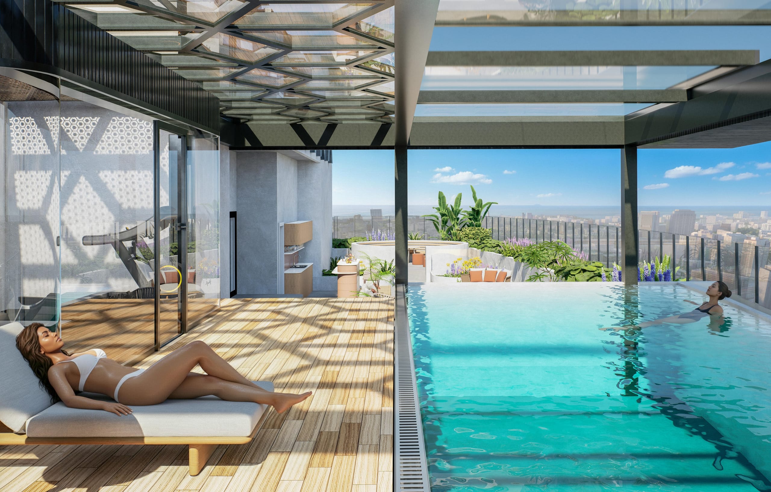 A woman sunbathing on a lounger on the timber deck beside the pool under the glazed lattice roof, with planted terraces and the city and sea beyond.