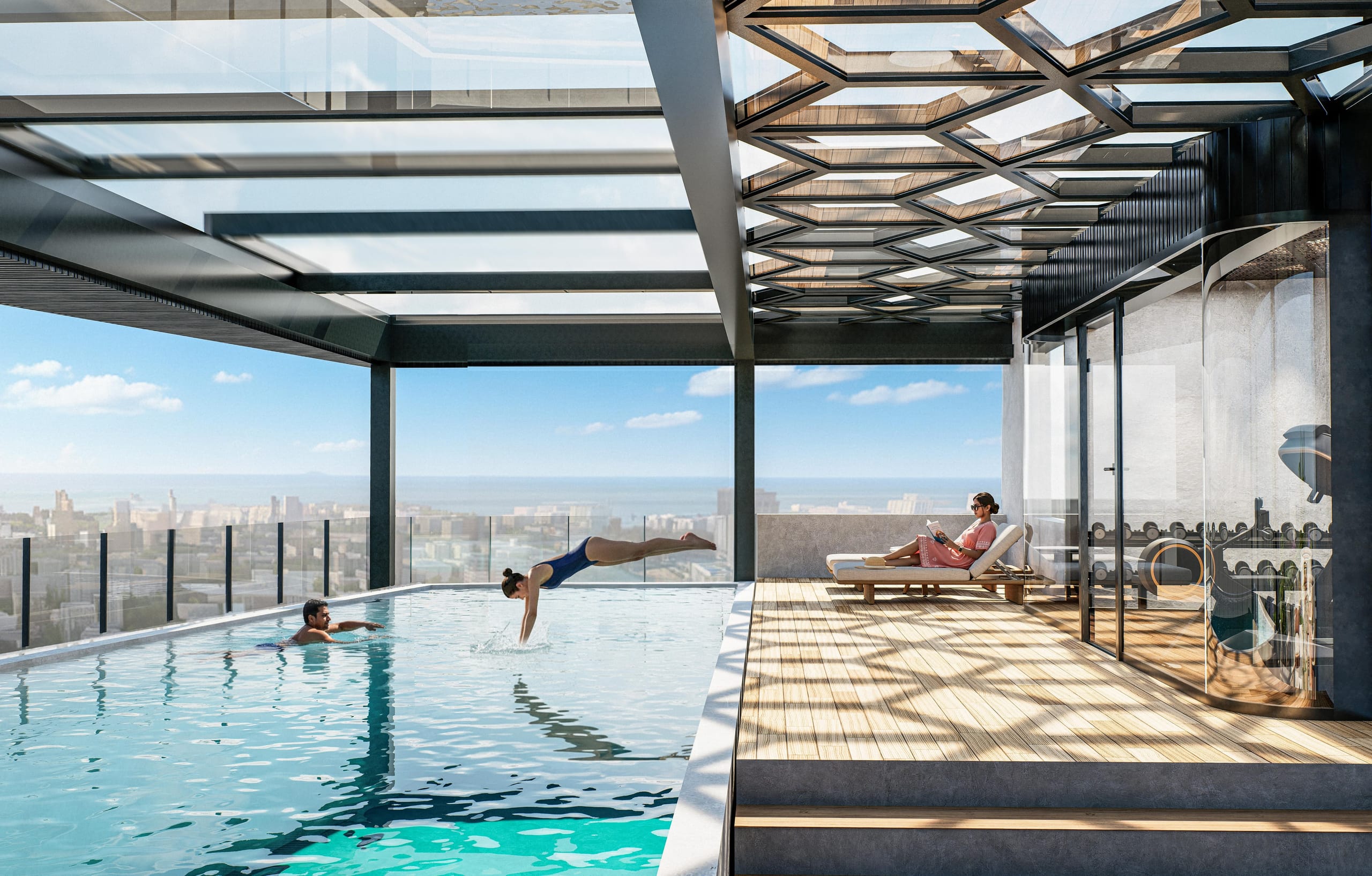 A woman diving into the rooftop pool while a man swims and another woman reads on a lounger beside the glazed gym.