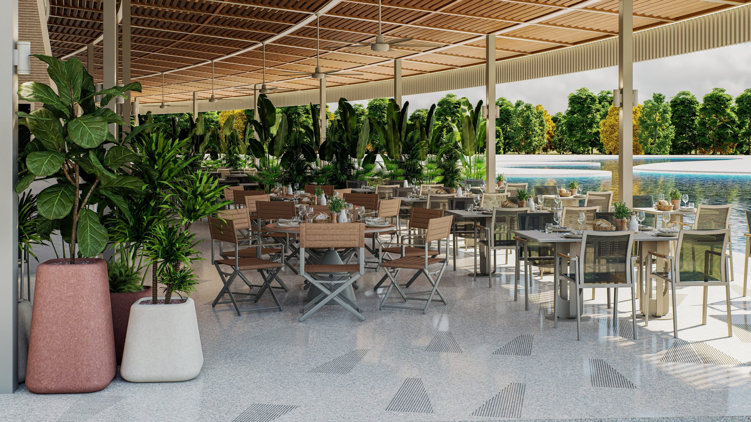 Restaurant terrace under a slatted timber canopy with ceiling fans, rows of laid tables, large potted plants and a pool beyond.