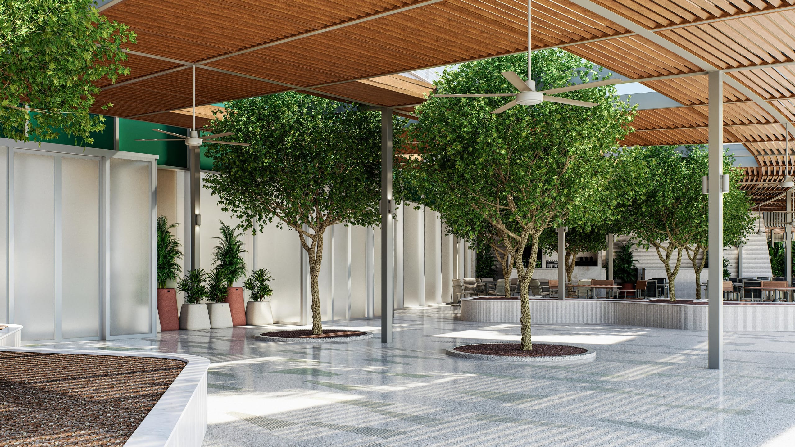 Tree-planted covered court under the timber canopy, with frosted glass walls and potted plants.