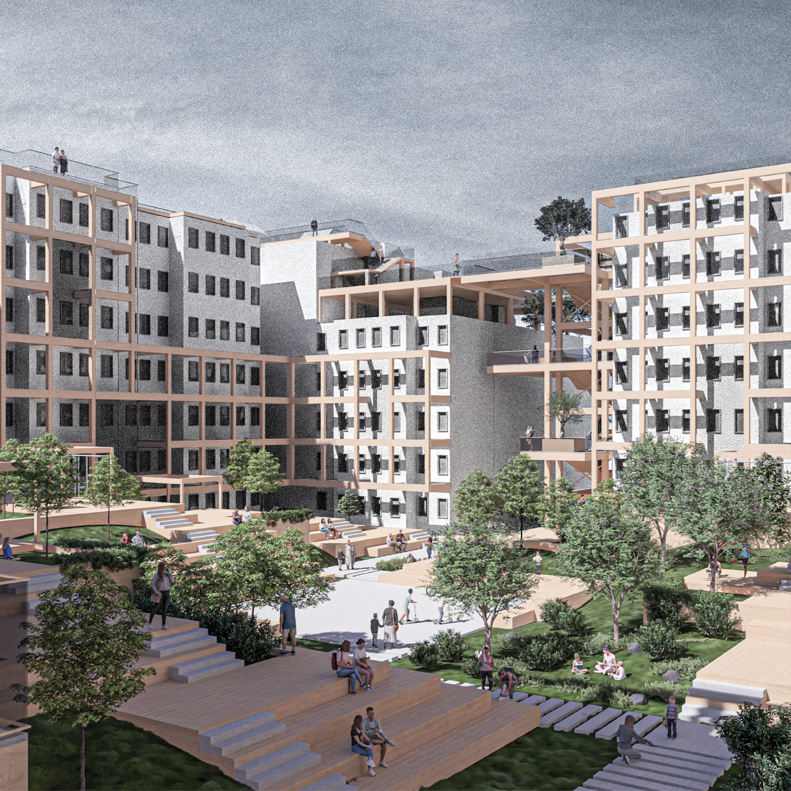 A block courtyard turned into a public park with timber stepped seating, trees and lawns, framed by a laminated timber structure on the façades with terraces and rooftop walkways.