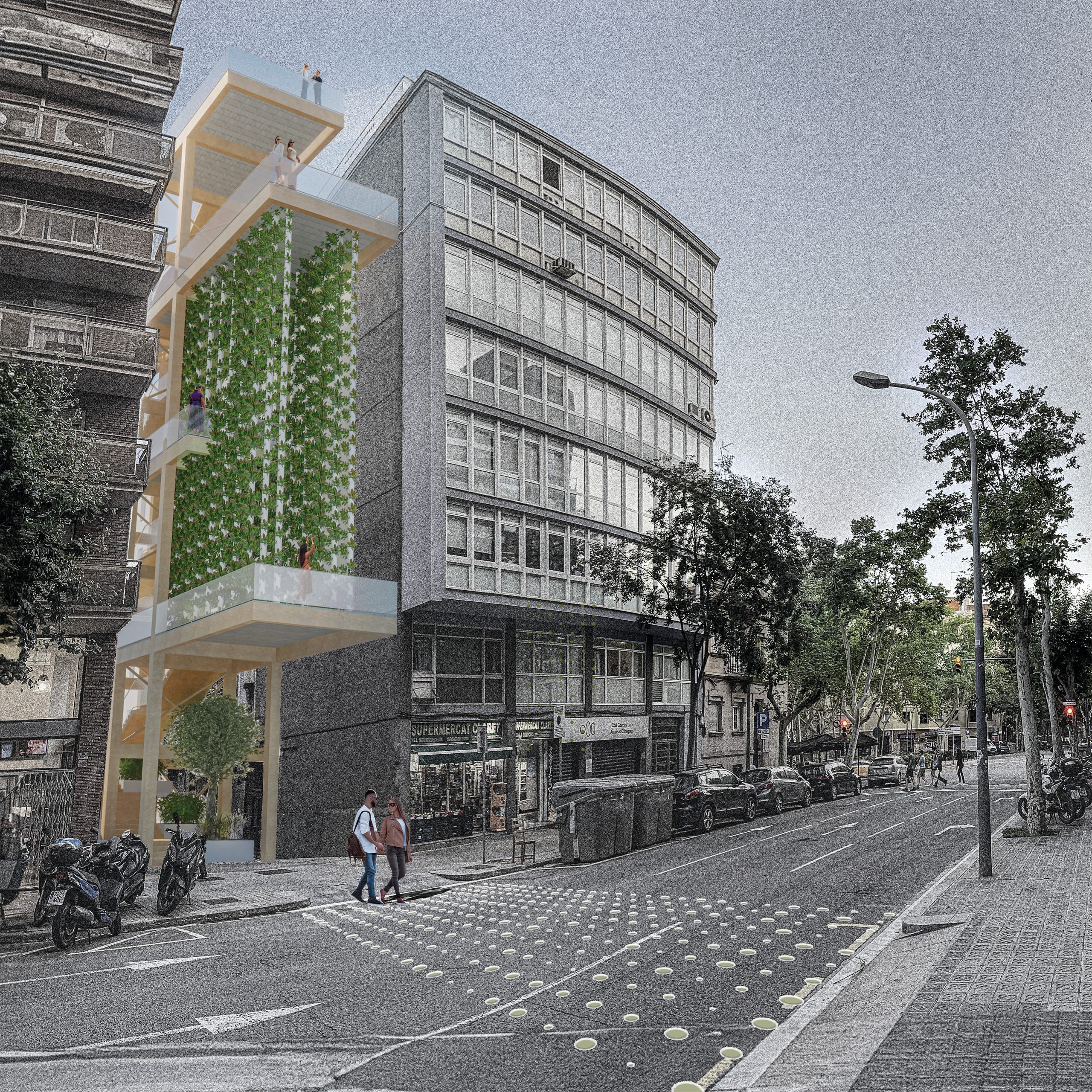 Street view of a timber frame filling a gap between two buildings, with a green wall of vertical farming and terraces, people crossing the road in front.