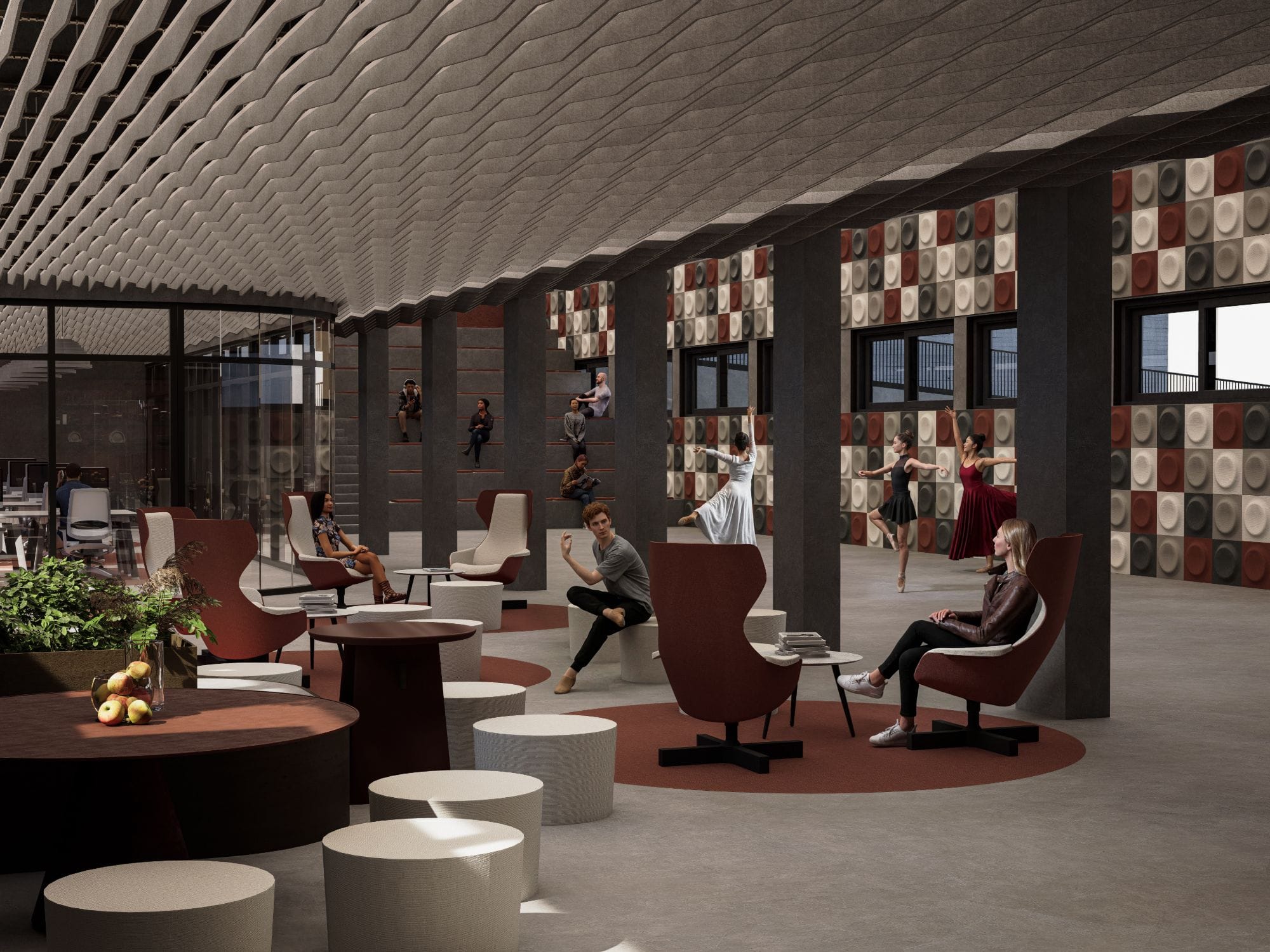 Interior with dancers rehearsing beside a lounge of red chairs, under a wave-like acoustic ceiling and patterned acoustic wall tiles, with stepped seating behind.