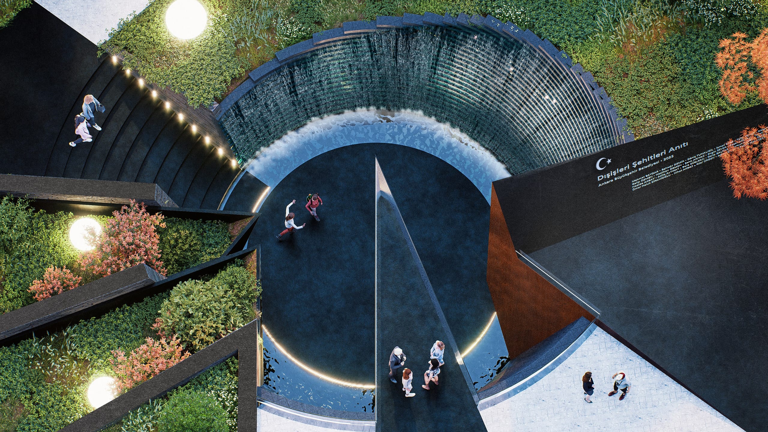 Top-down view into the circular void at dusk, with water cascading down the stepped granite wall into a lit pool, visitors on the dark floor, and the memorial wall inscribed with the names of the Foreign Ministry martyrs.