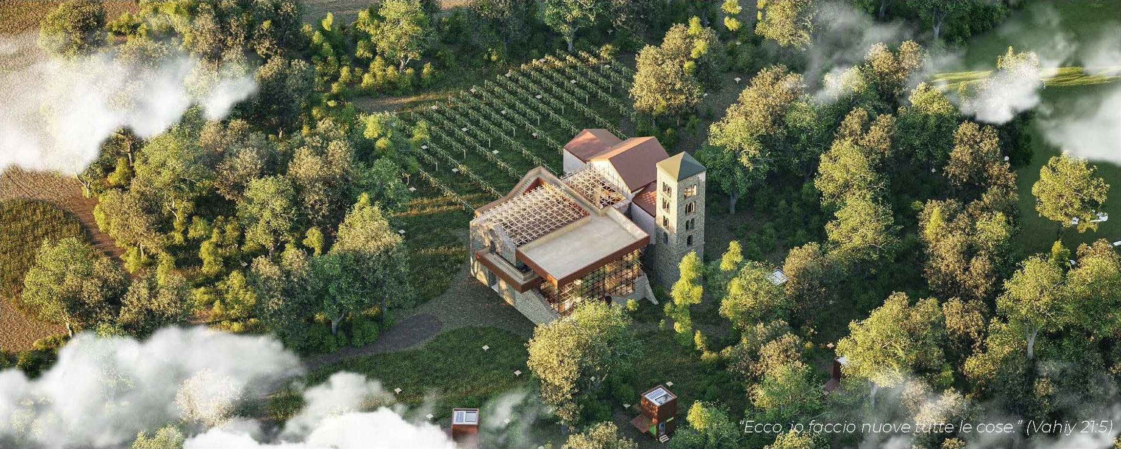 Aerial view of the abbey among dense trees and a vineyard, with the wooden roof grid, the glazed volume, the bell tower and retreat pods scattered in the forest, with clouds drifting below.