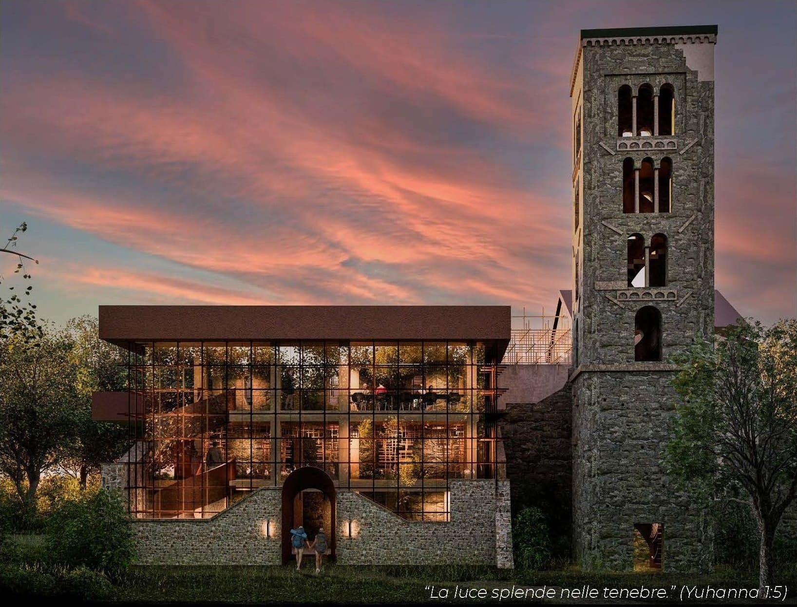 The glazed accommodation volume glowing at dusk inside the old stone walls, under a corten roof beside the bell tower, with a pink sky.