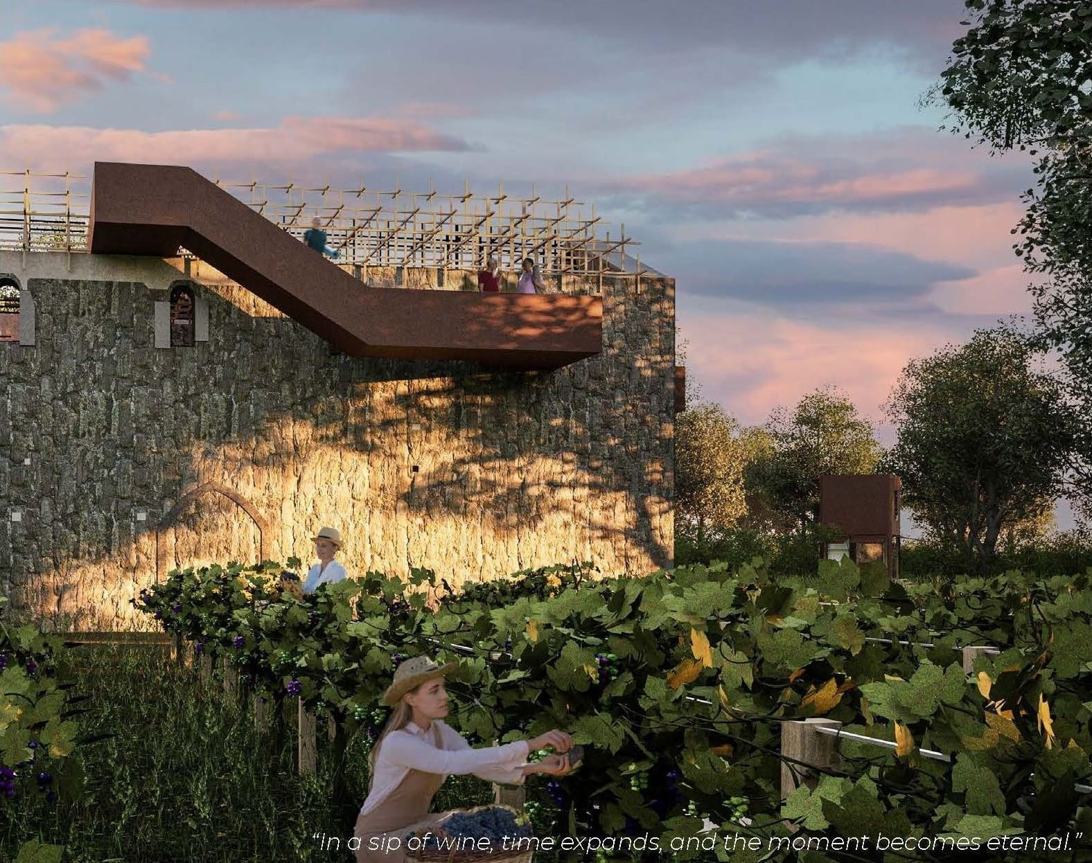 A woman picking grapes in the vineyard below the abbey wall, with a corten stair leading up to the rooftop meditation deck under the wooden grid.