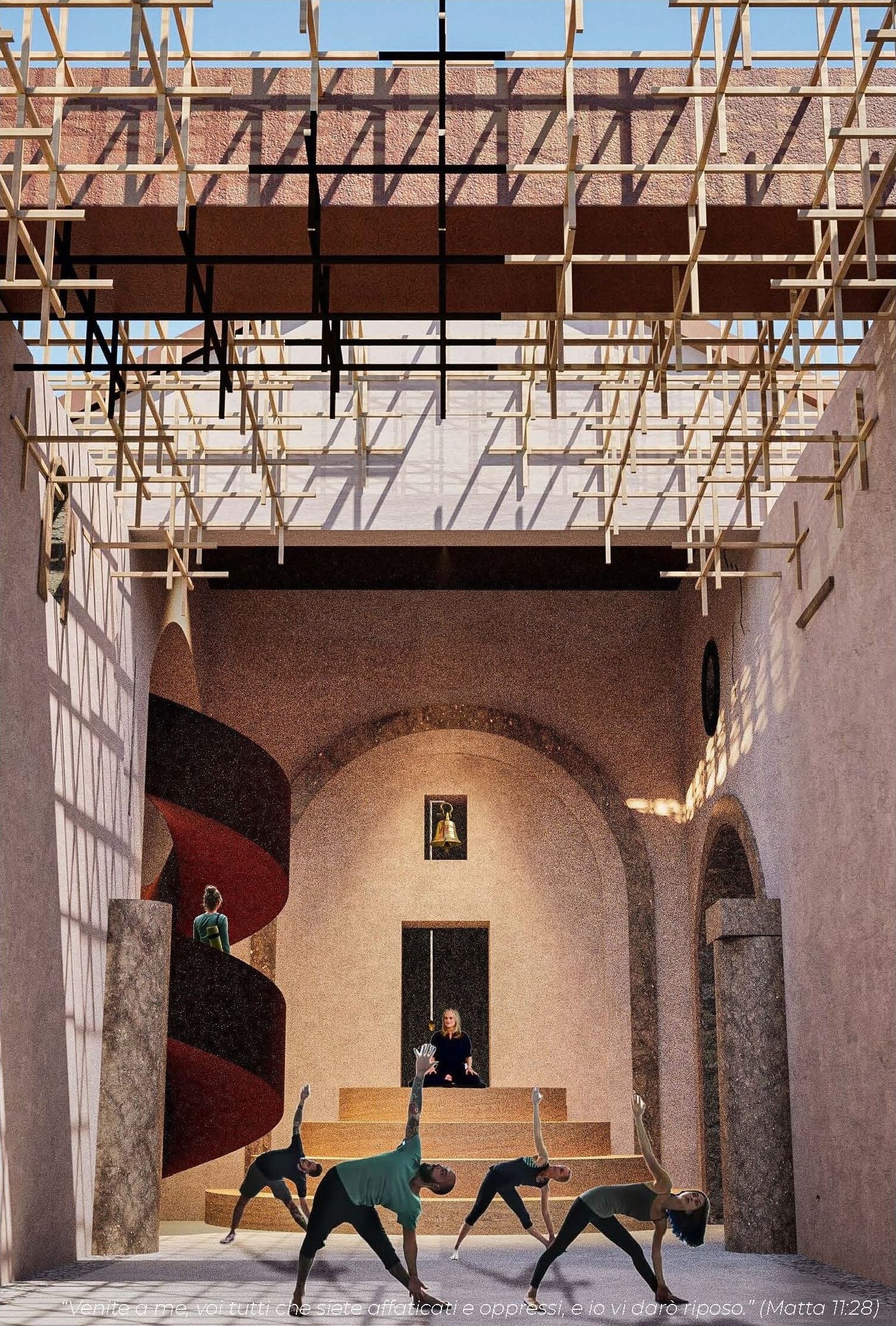 A group practising yoga inside the open-roofed abbey hall, with a red spiral stair, stone columns, a bell above the doorway and the wooden grid overhead.