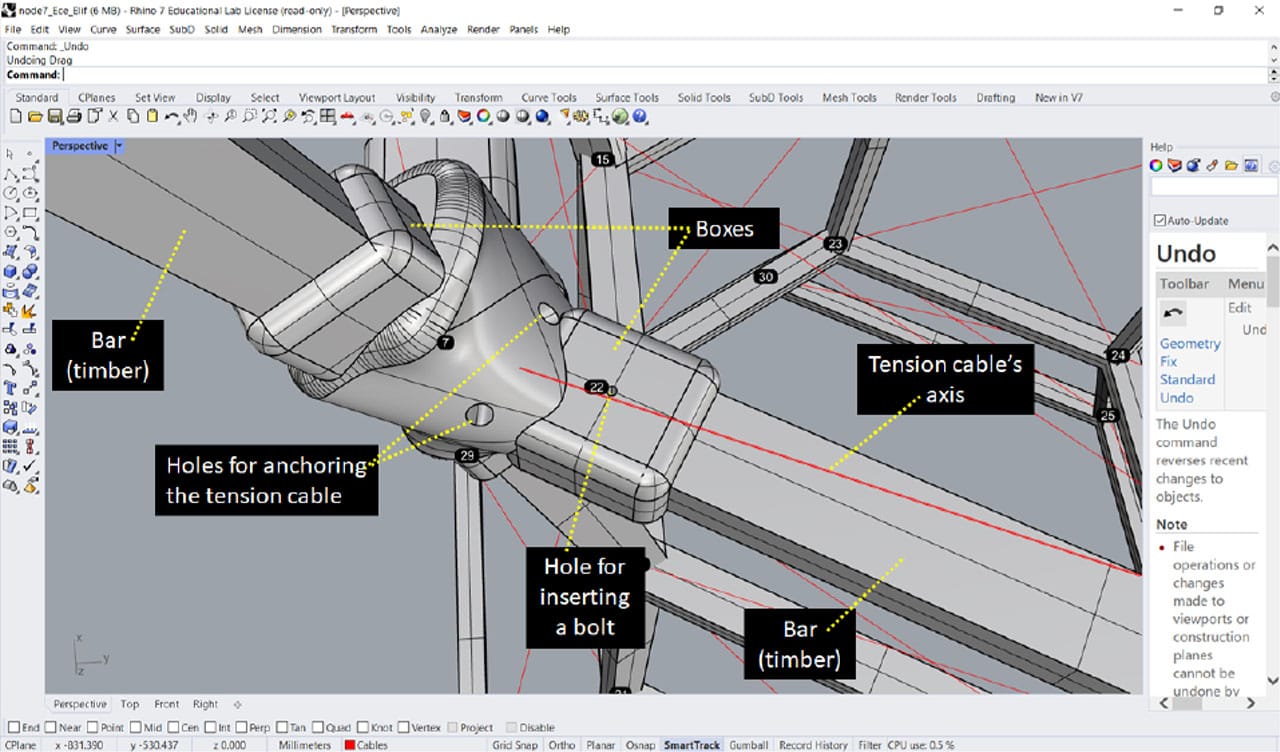 Digital model of a connection node joining timber battens and tension cables