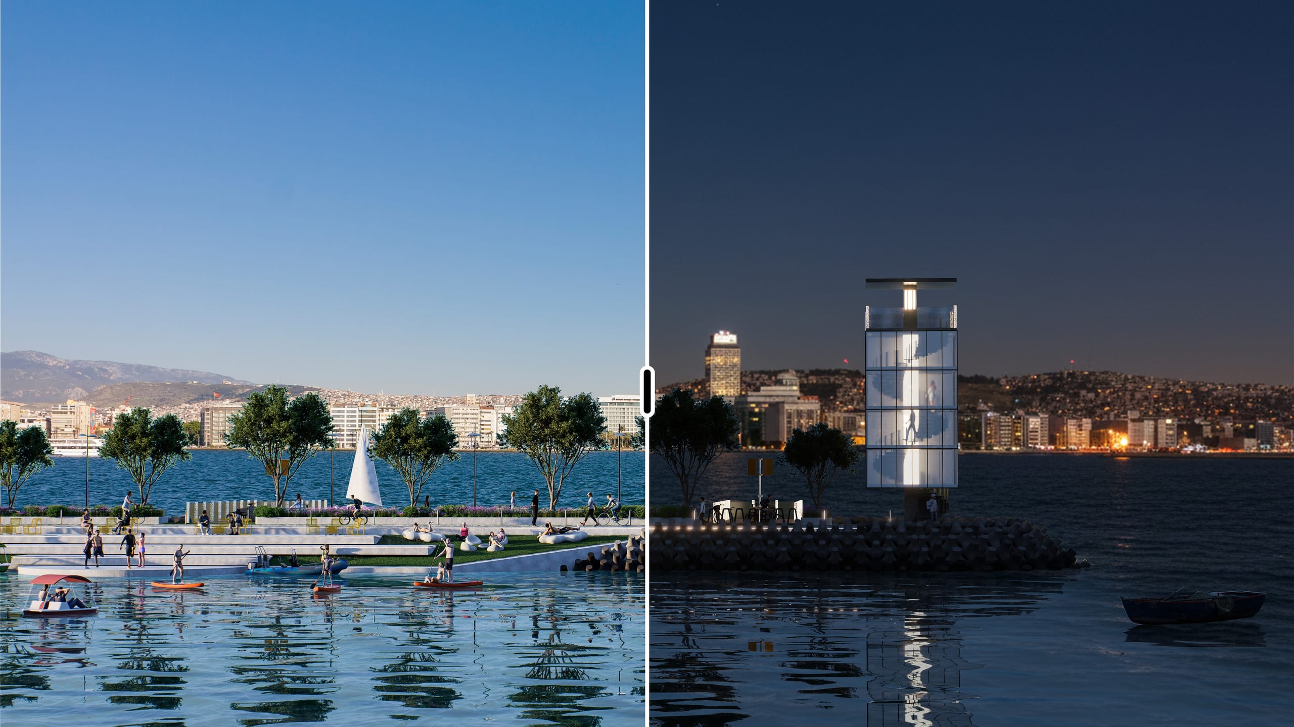 Eye-level view of the breakwater split down the middle, by day on the left with people on the stepped seating, paddle boards and pedal boats in the basin, and by night on the right with the beacon tower glowing against the lit İzmir skyline.