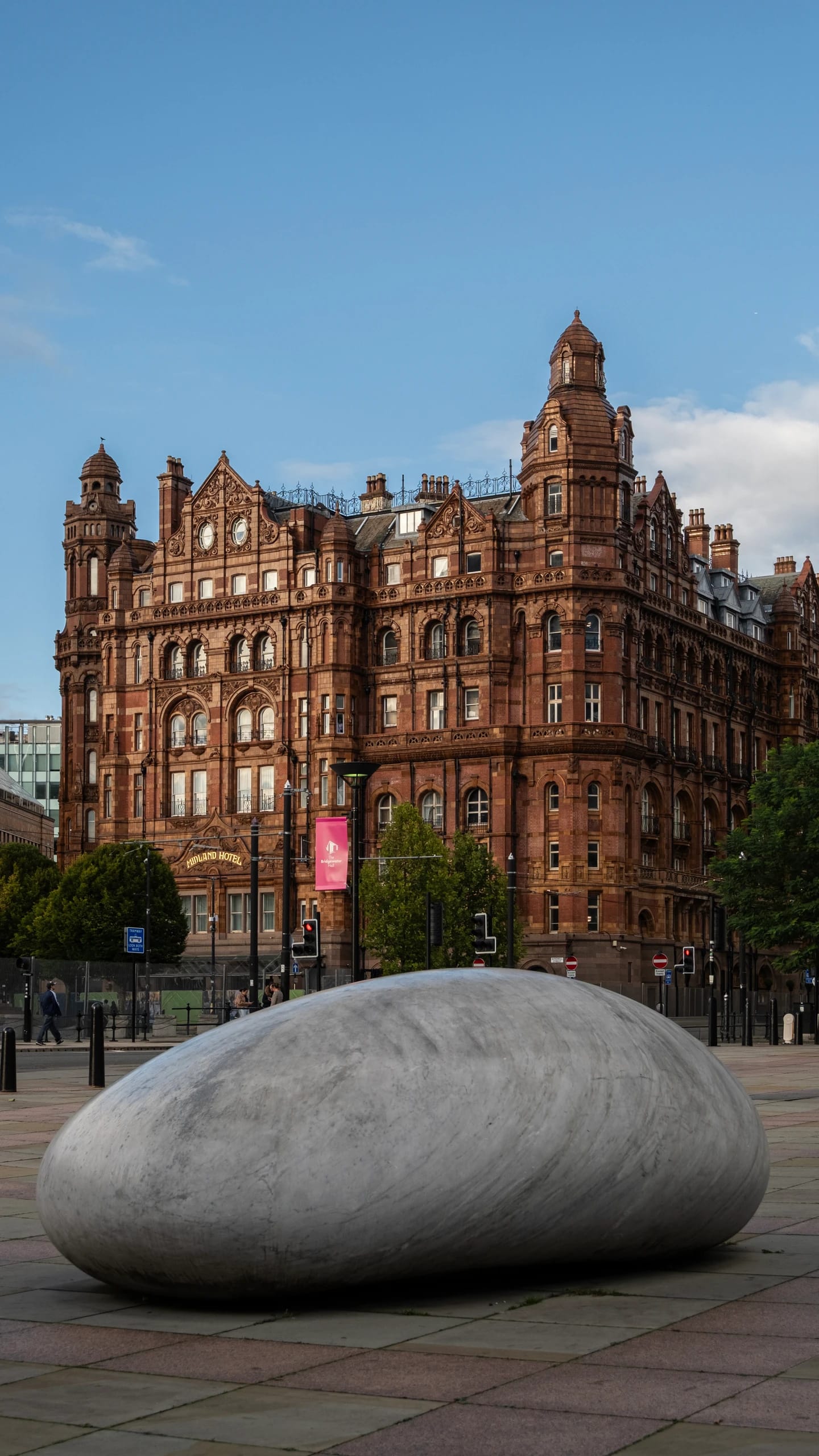 The Midland Hotel and a polished stone sculpture in Manchester