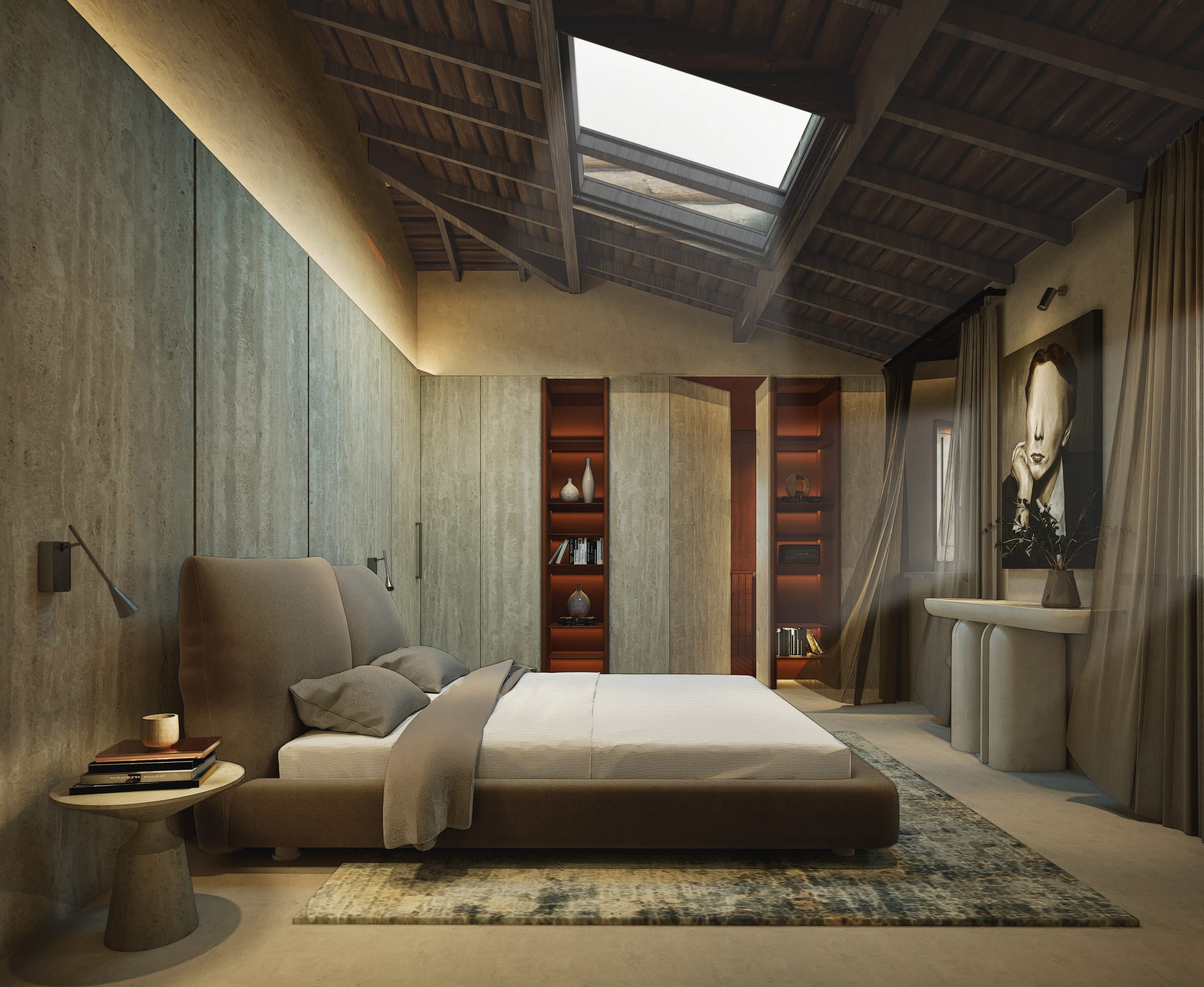 Master bedroom under a pitched timber roof with a skylight, a low upholstered bed, travertine wardrobe panels with red-lit niches and sheer curtains beside a portrait painting.