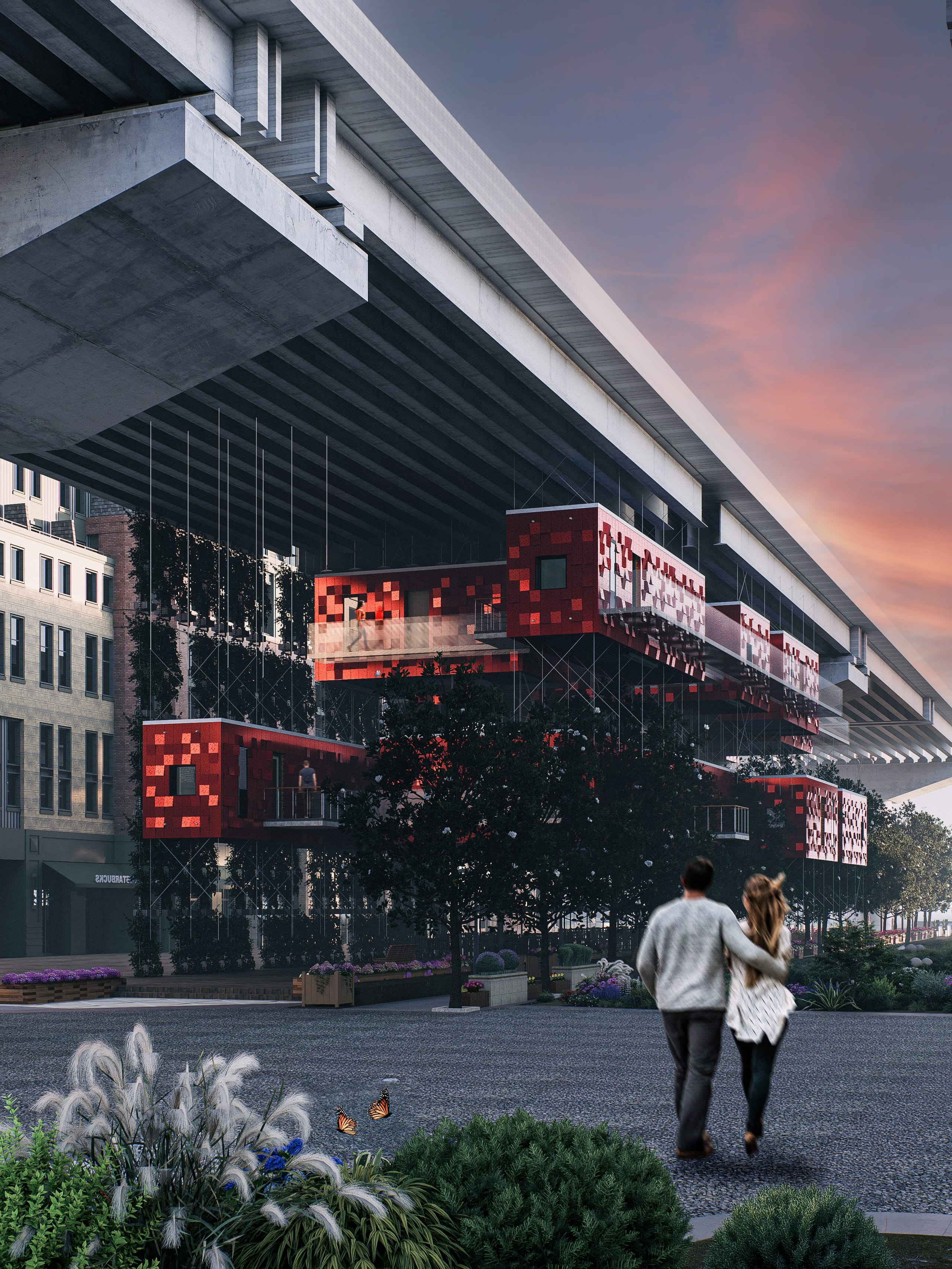 View along a viaduct underpass at dusk, with red-clad housing modules hung beneath the deck on steel cables, a green wall, trees and planting below, and a couple walking arm in arm.