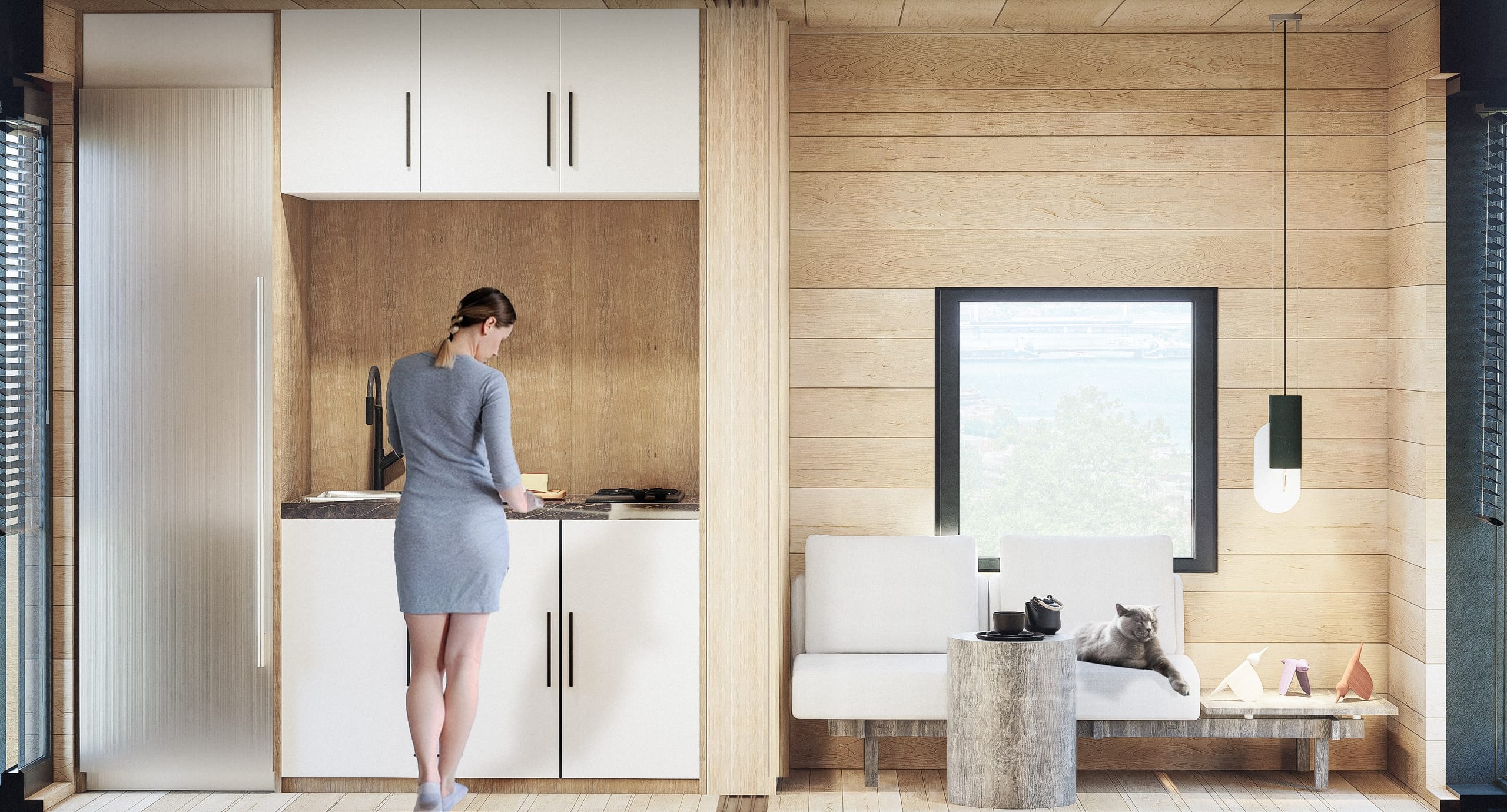 Timber-lined kitchen and sitting area with white cabinets, a woman preparing food, a white sofa with a cat beneath a square window, and a pendant lamp.