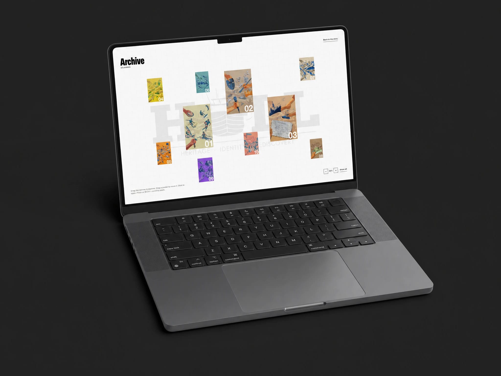 Reframe Hull interactive poster archive displayed on a graphite laptop