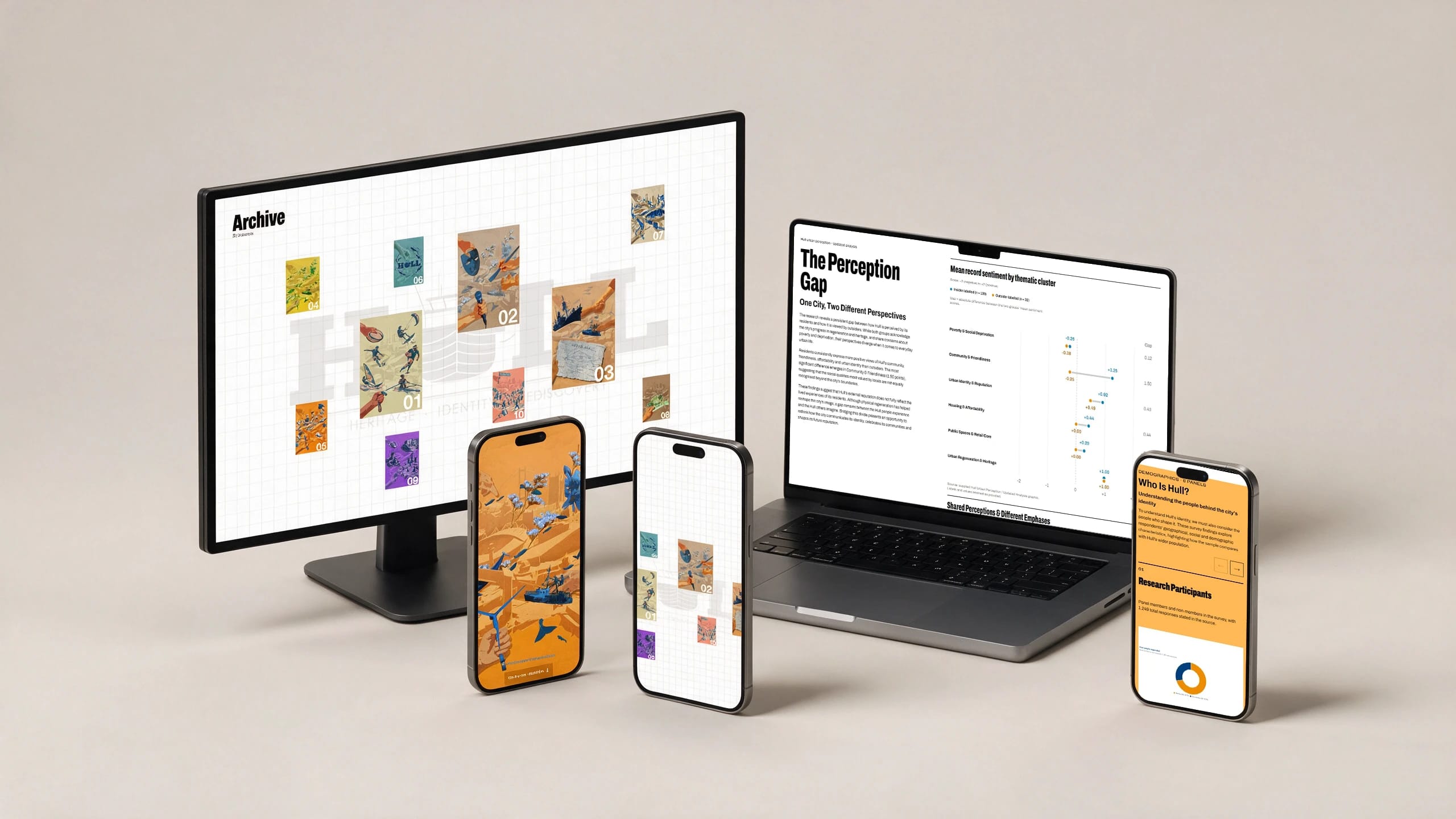 Reframe Hull exhibition, poster archive and research pages displayed across desktop, laptop and mobile screens