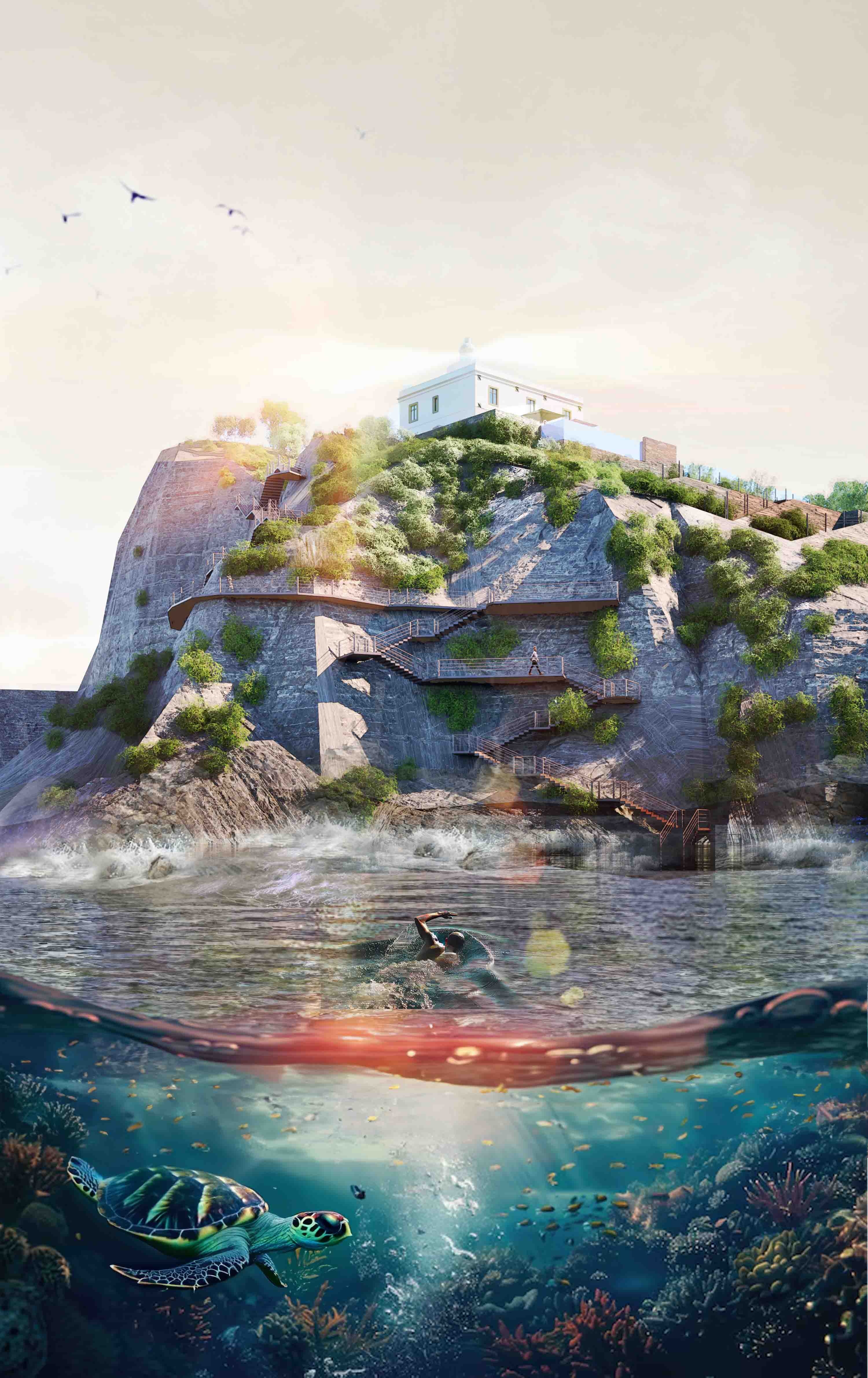 Split view of the lighthouse on its green cliff with wooden stairs zigzagging down to the sea, a swimmer at the surface and, below the waterline, a sea turtle, fish and coral.