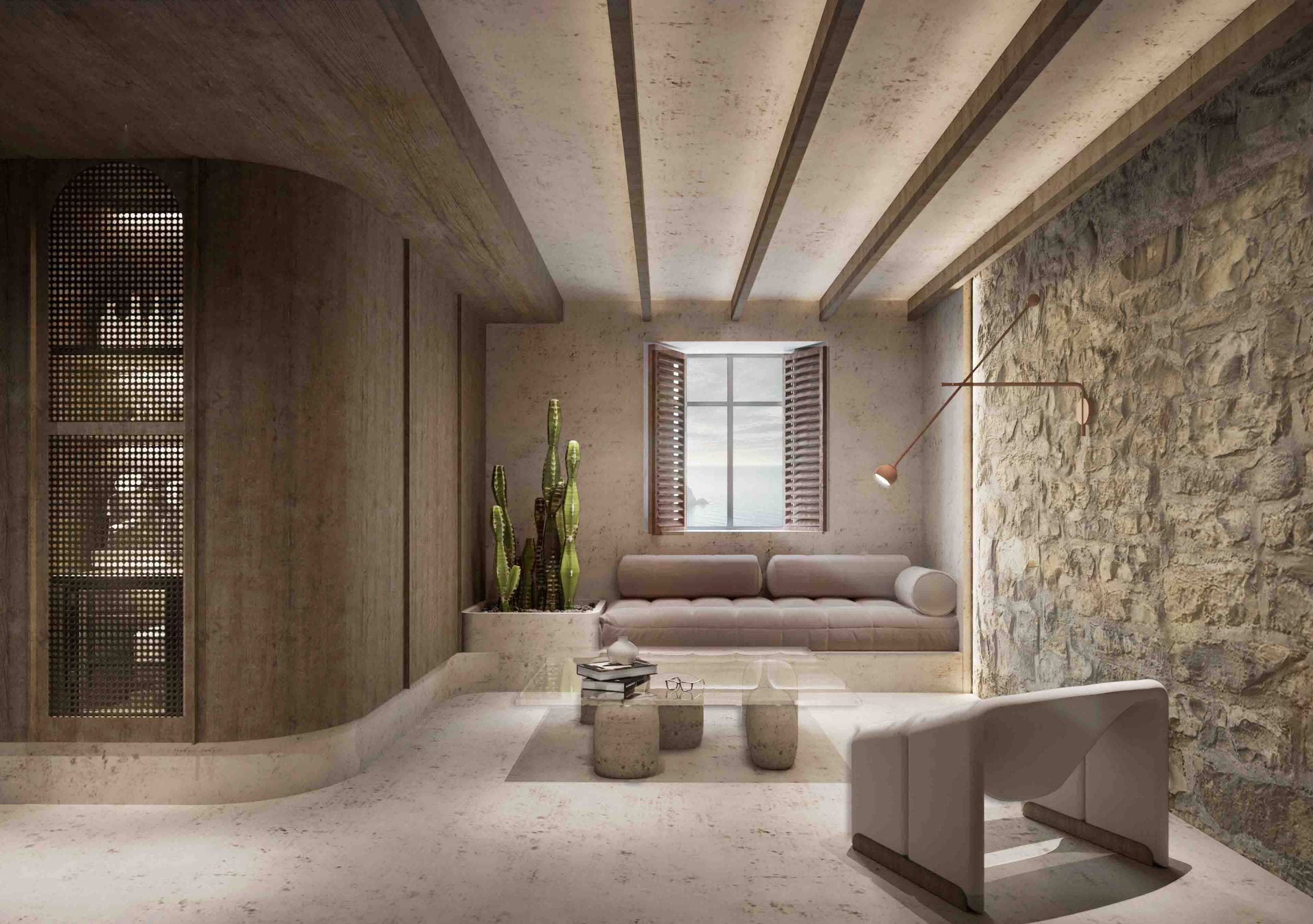 Suite lounge with a built-in sofa under a shuttered window to the sea, cacti, a glass coffee table, a sculptural armchair, a curved timber wall with a perforated screen and a rough stone wall.