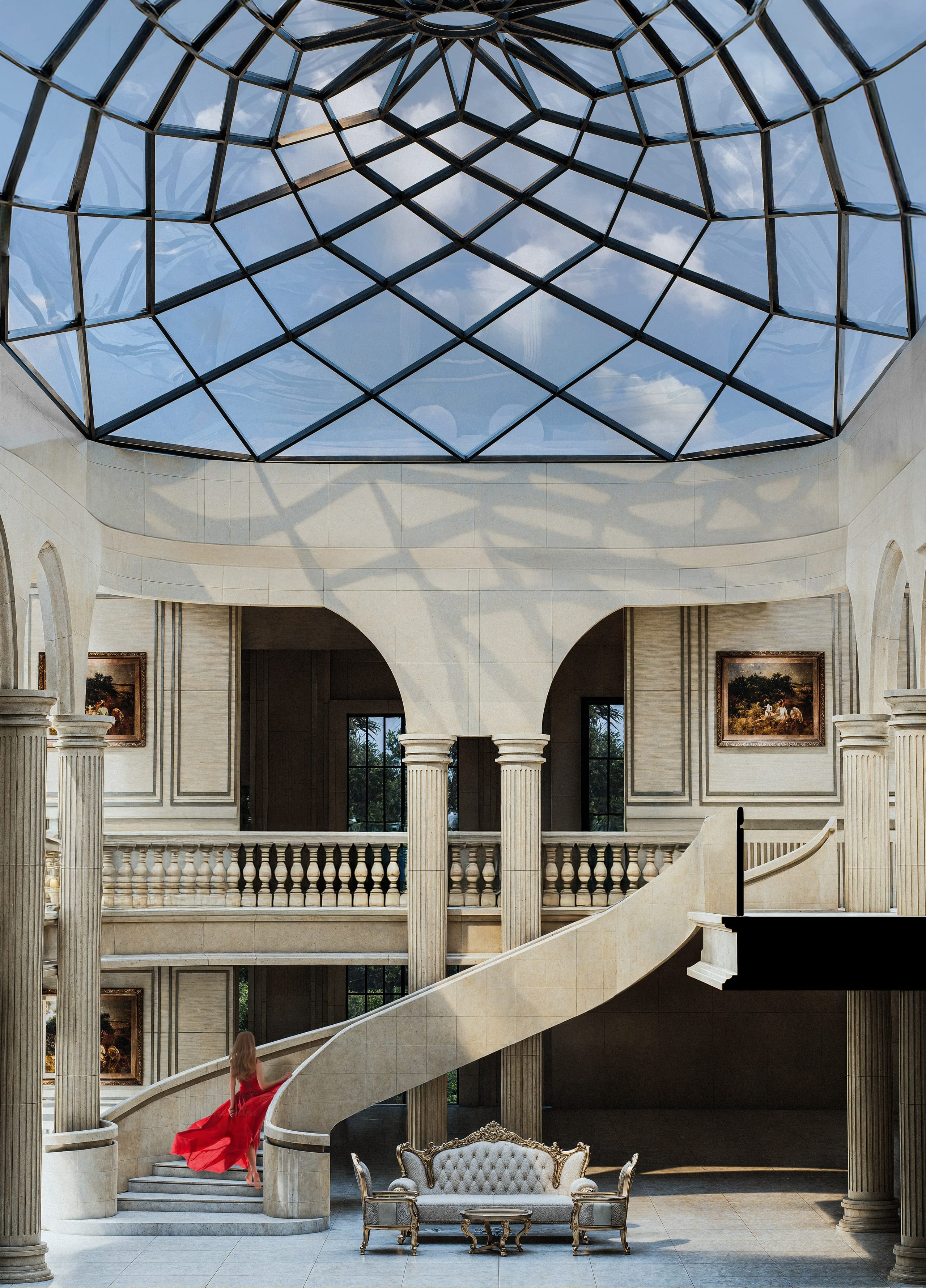 Double-height stone atrium under the faceted glass dome, with fluted columns, arched galleries with balustrades, a curved stair with a woman in a red dress and a gilded sofa set below.