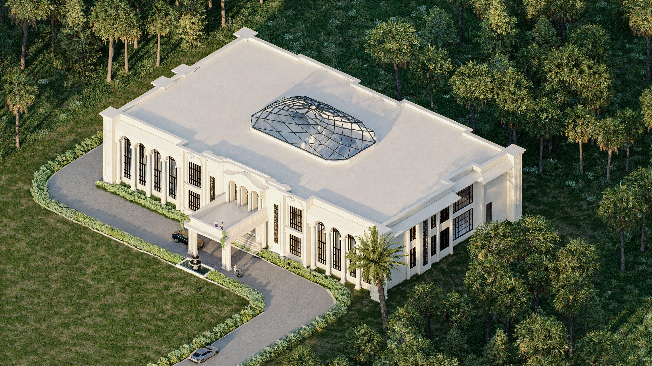 Aerial view of the villa among palm trees, with the faceted glass skylight set into the flat roof and a curved drive leading to the entrance.