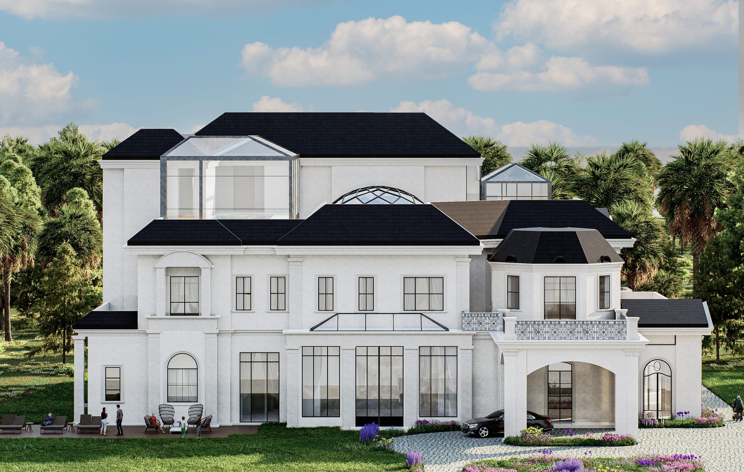 Side elevation of the white villa with the glass dome and rooftop pavilions rising behind the slate roofs, tall glazed doors onto the garden, a porch with a car and people on the terrace.