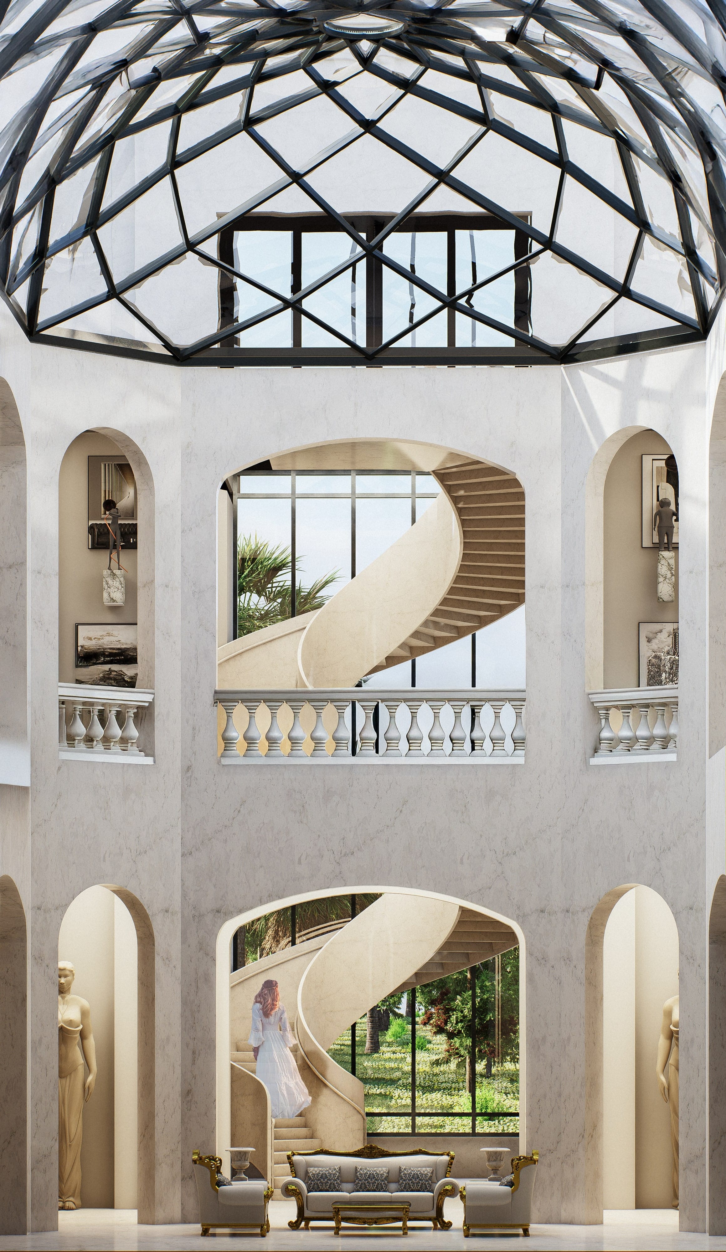 Tall marble atrium under the glass dome, with arched niches holding sculptures, a balustraded gallery and two spiral stairs seen through arched openings, and a gilded sofa set below.