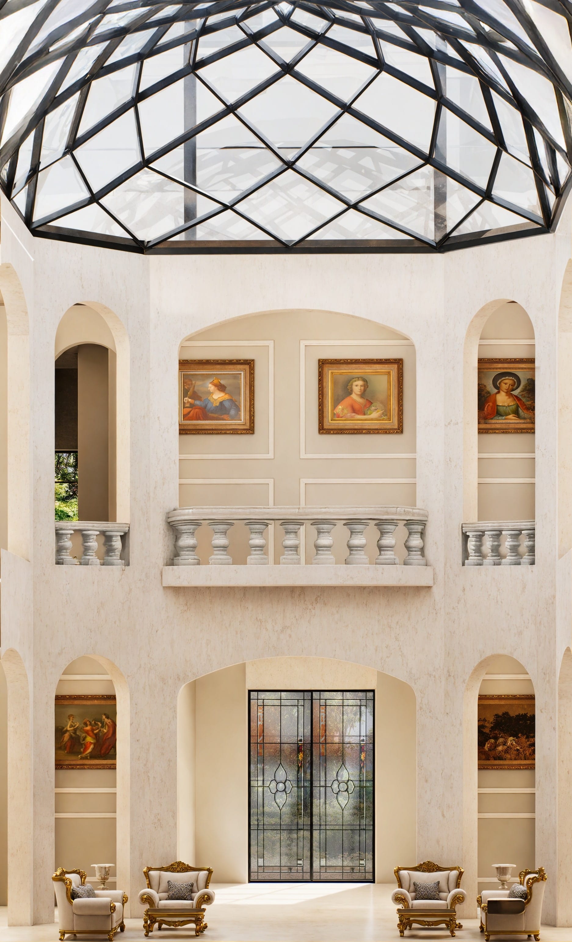 Atrium beneath the faceted glass dome, with framed paintings in arched niches, a balustraded balcony and a leaded glass double door between gilded armchairs.