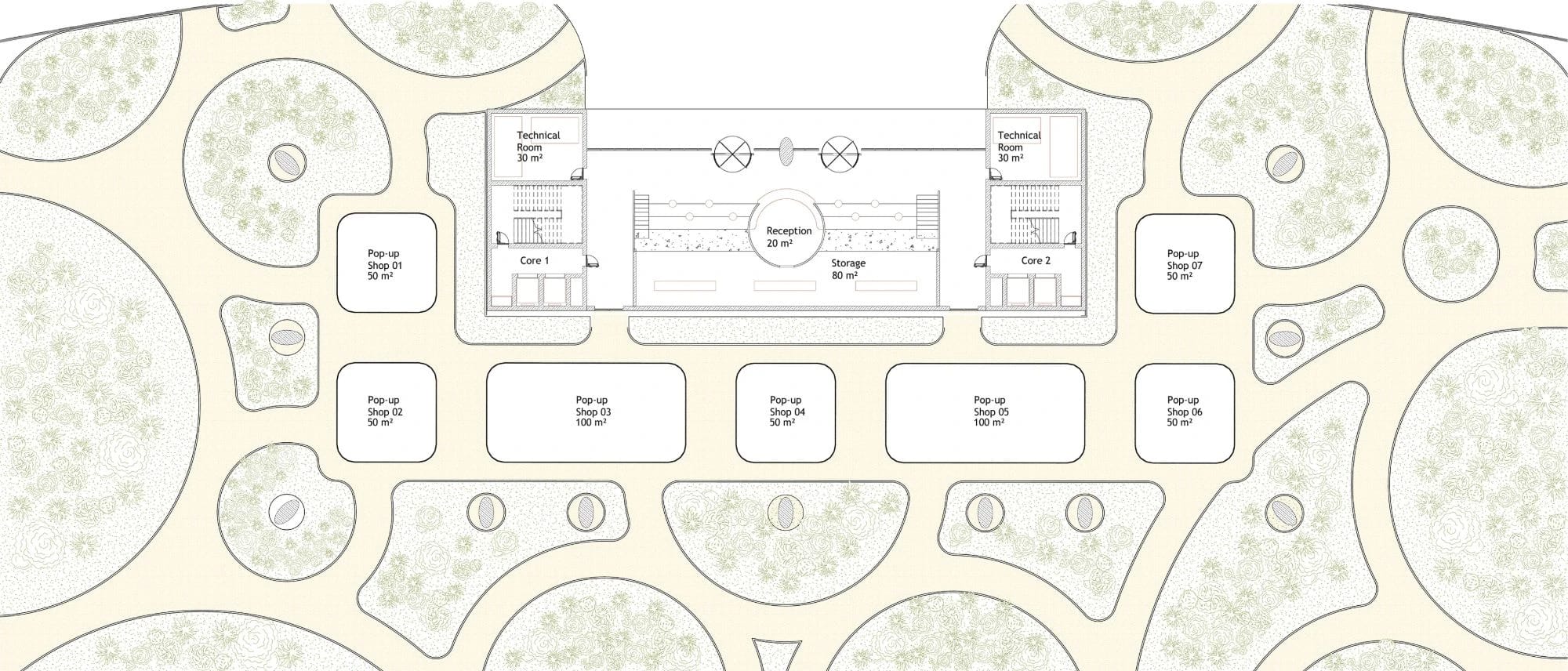 Ground floor plan with reception, storage, two cores and pop-up shops set within planted landscape.