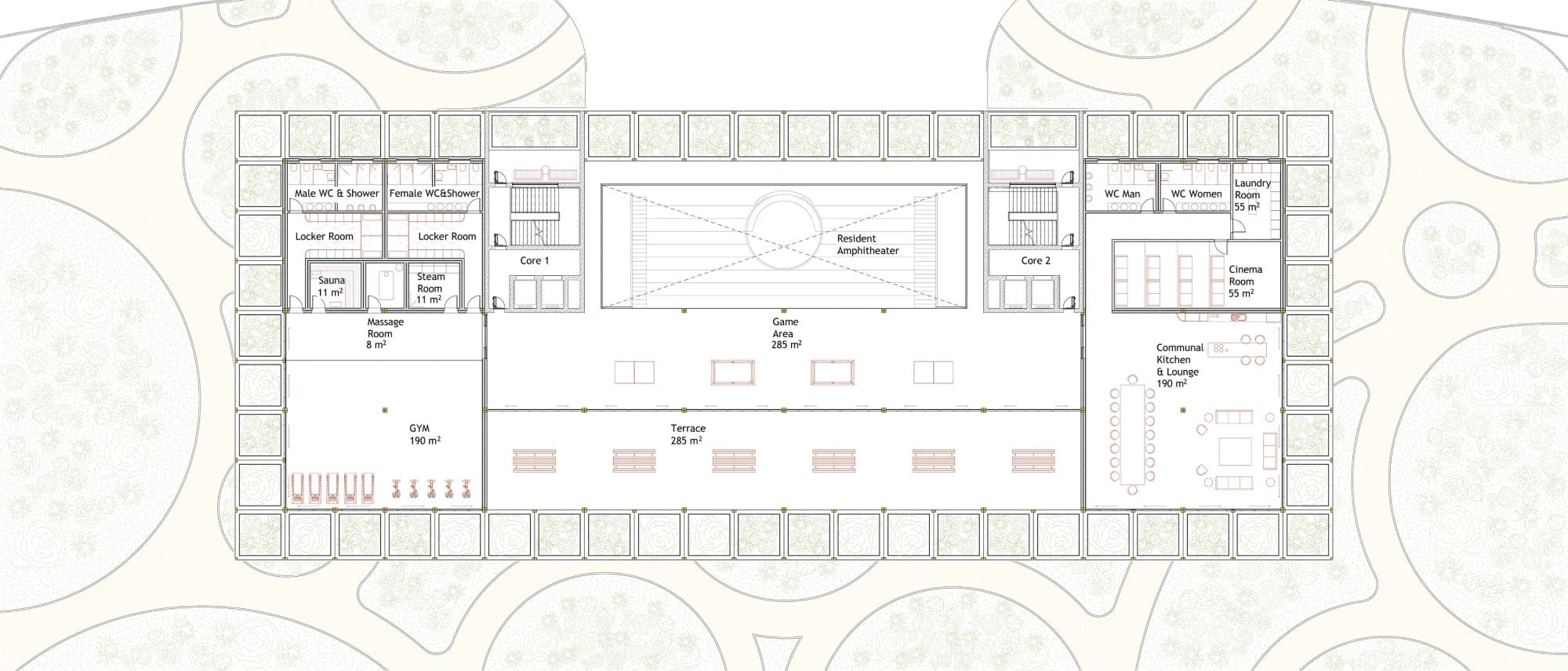 First floor plan with gym, sauna, resident amphitheatre, game area, terrace, cinema room and communal kitchen.