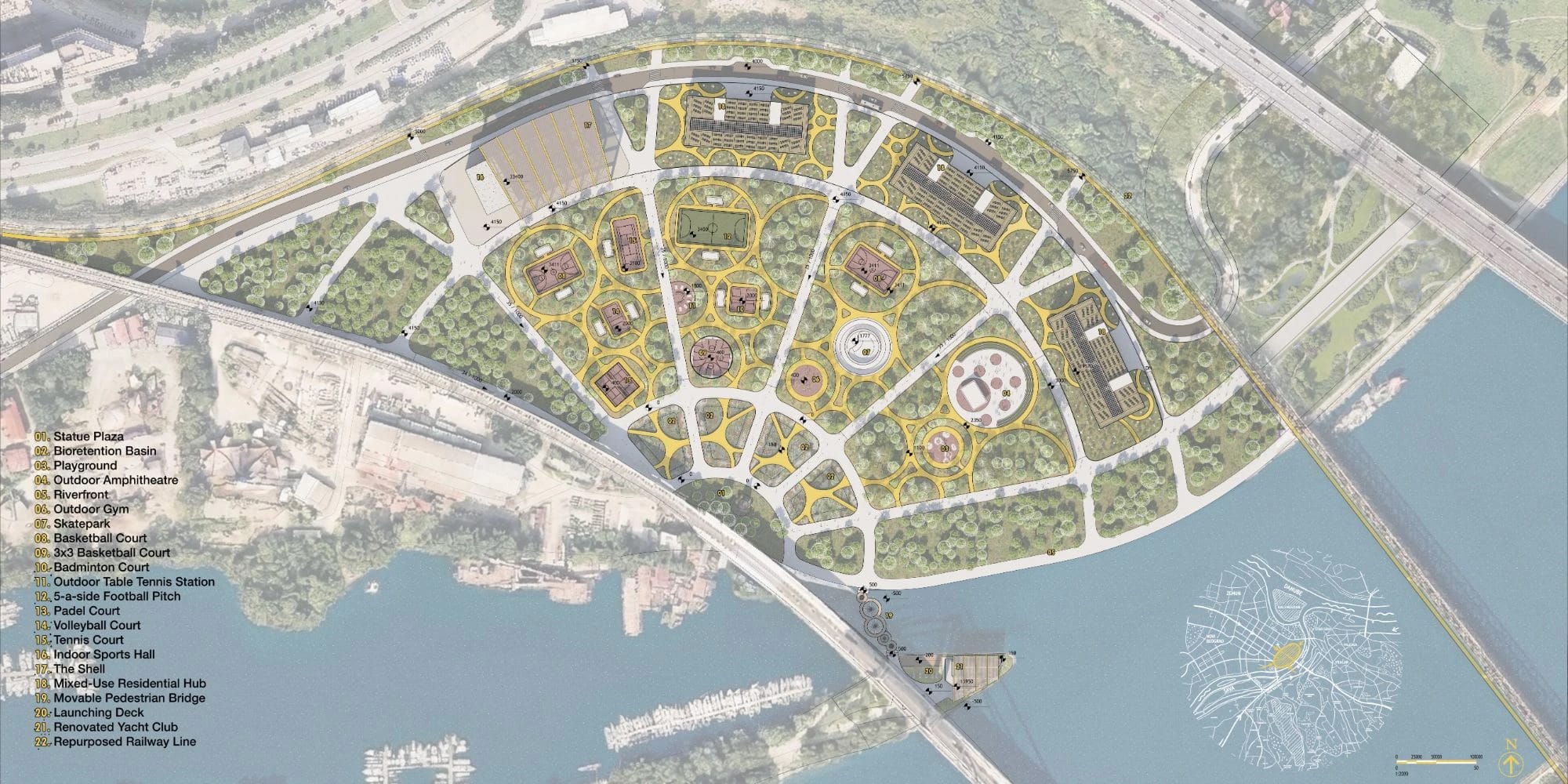 Site plan on an aerial photograph with a numbered legend of 22 elements, from the statue plaza and bioretention basins to the renovated yacht club and repurposed railway line.