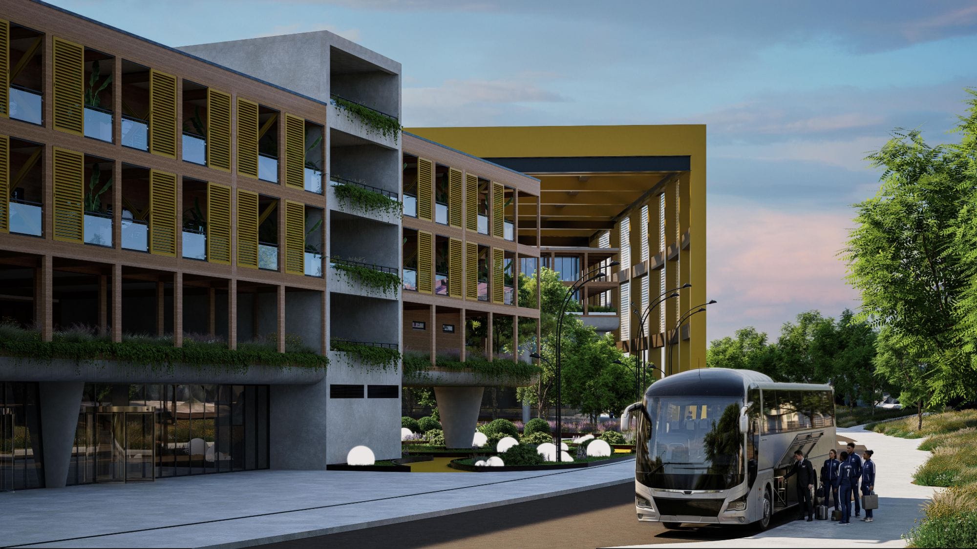 Render of athletes arriving by coach at a residential hub with yellow shutters, with the Shell in the background.
