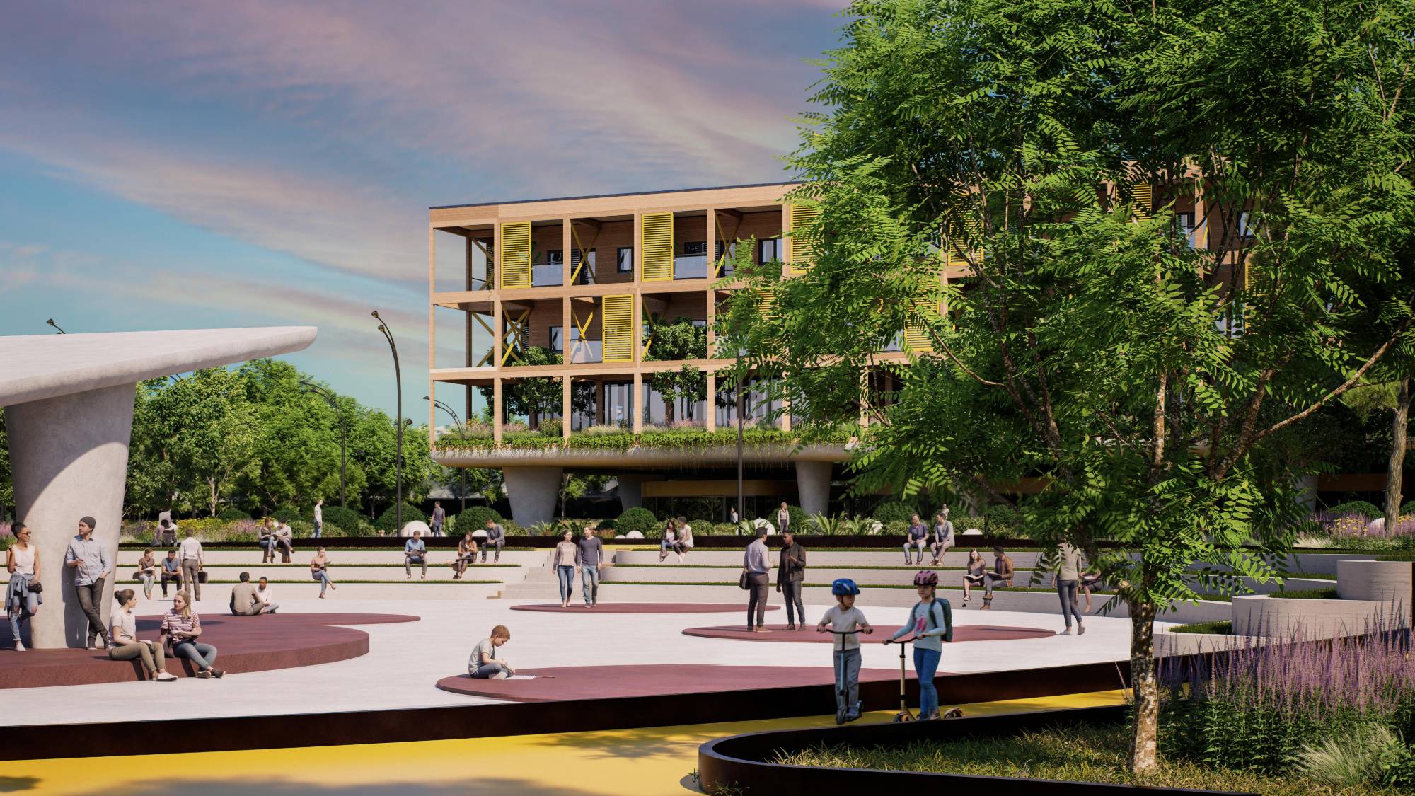Render of the outdoor amphitheatre with people sitting on steps and children on scooters, a residential hub behind the trees.