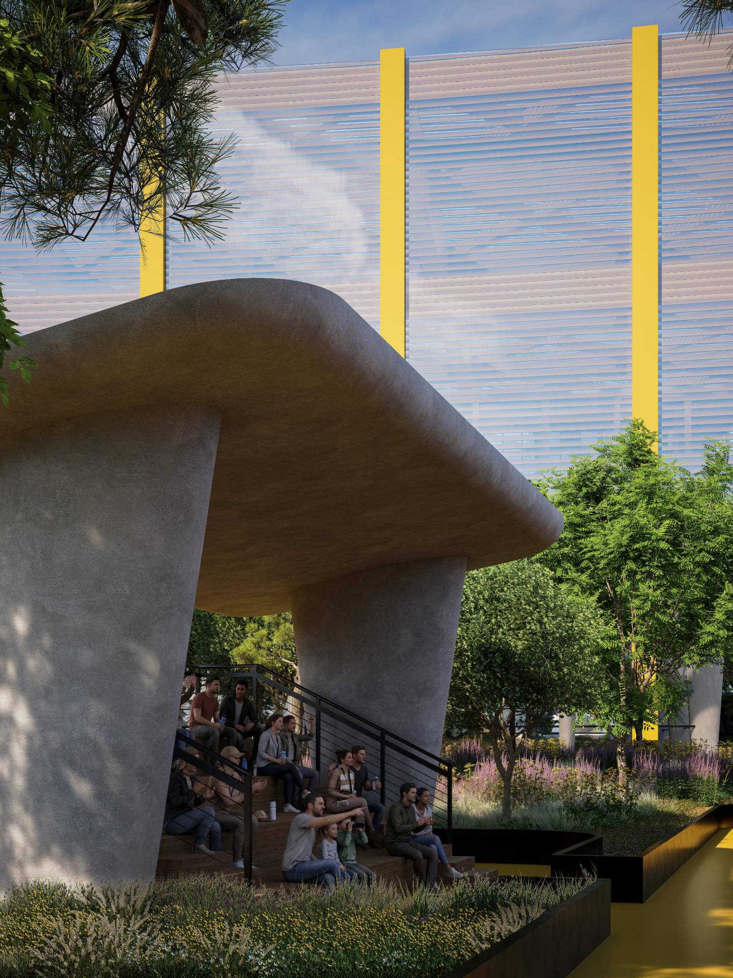Render of spectators on timber stands under a sculptural concrete canopy, with the Shell's louvred facade and yellow frames behind.