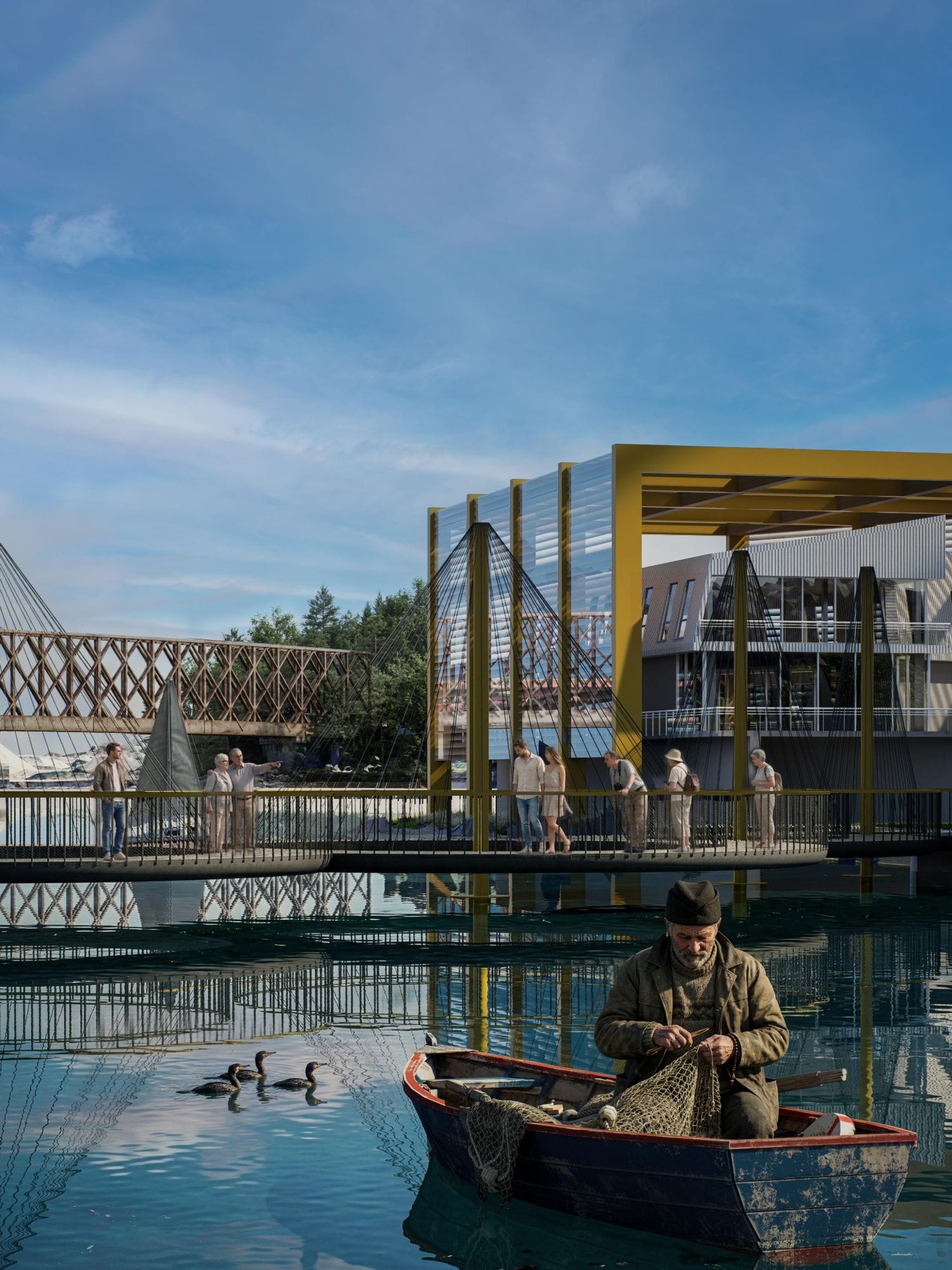 Render of the pedestrian swing bridge in front of the yacht club, with a fisherman mending nets in a boat and cormorants on the water.