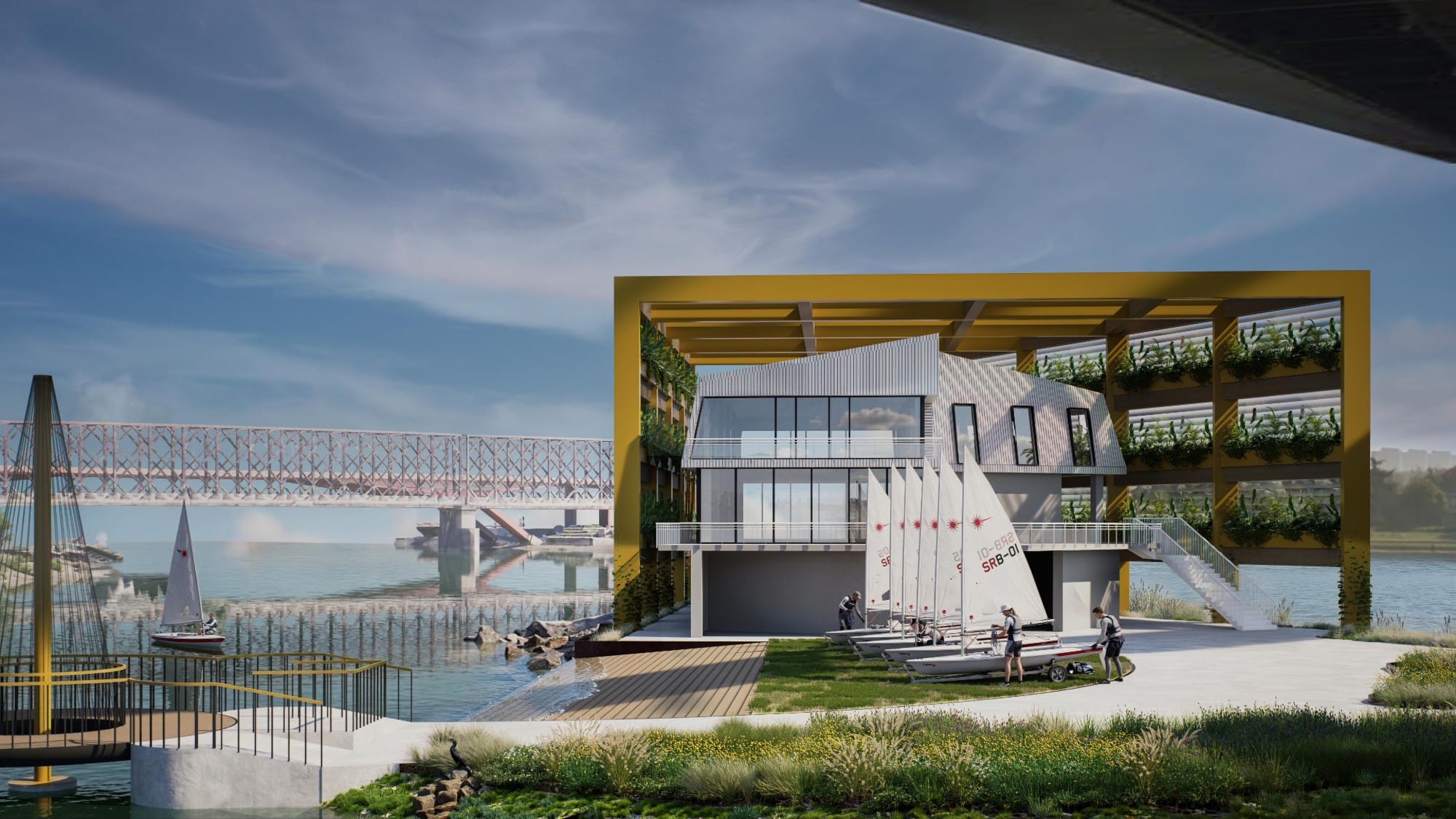 Render of the renovated yacht club inside its yellow Shell frame with planted walls, sailing dinghies on the launch deck and the river beyond.