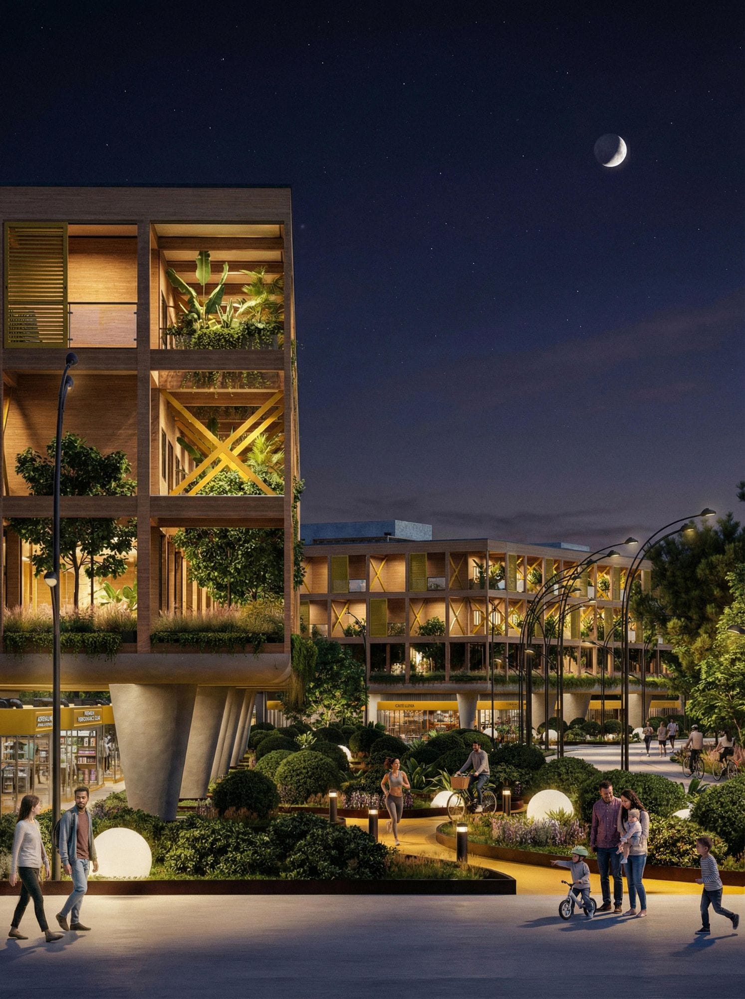 Night render of the residential hubs lit from within, with glowing lamps along the park paths and families walking.