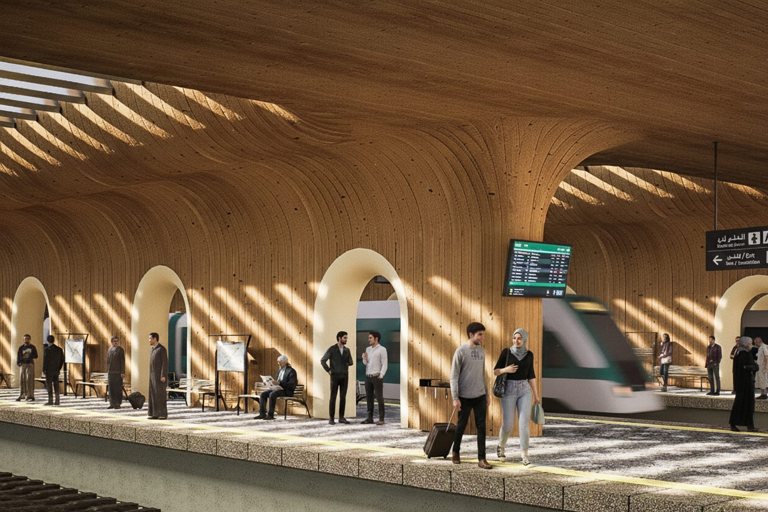 Station platform under the new timber canopy with arched openings, slatted rooflights casting stripes of sunlight, passengers waiting and walking, and a train arriving.