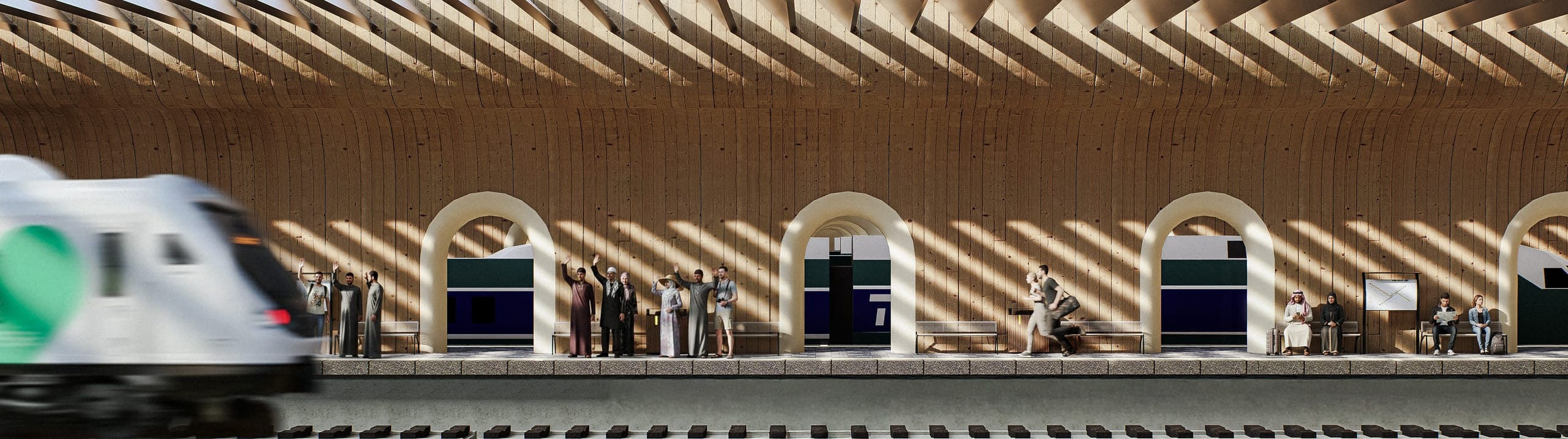 Wide view along the platform under the timber canopy, with people waving and sitting on benches between arched openings and a train passing on the left.