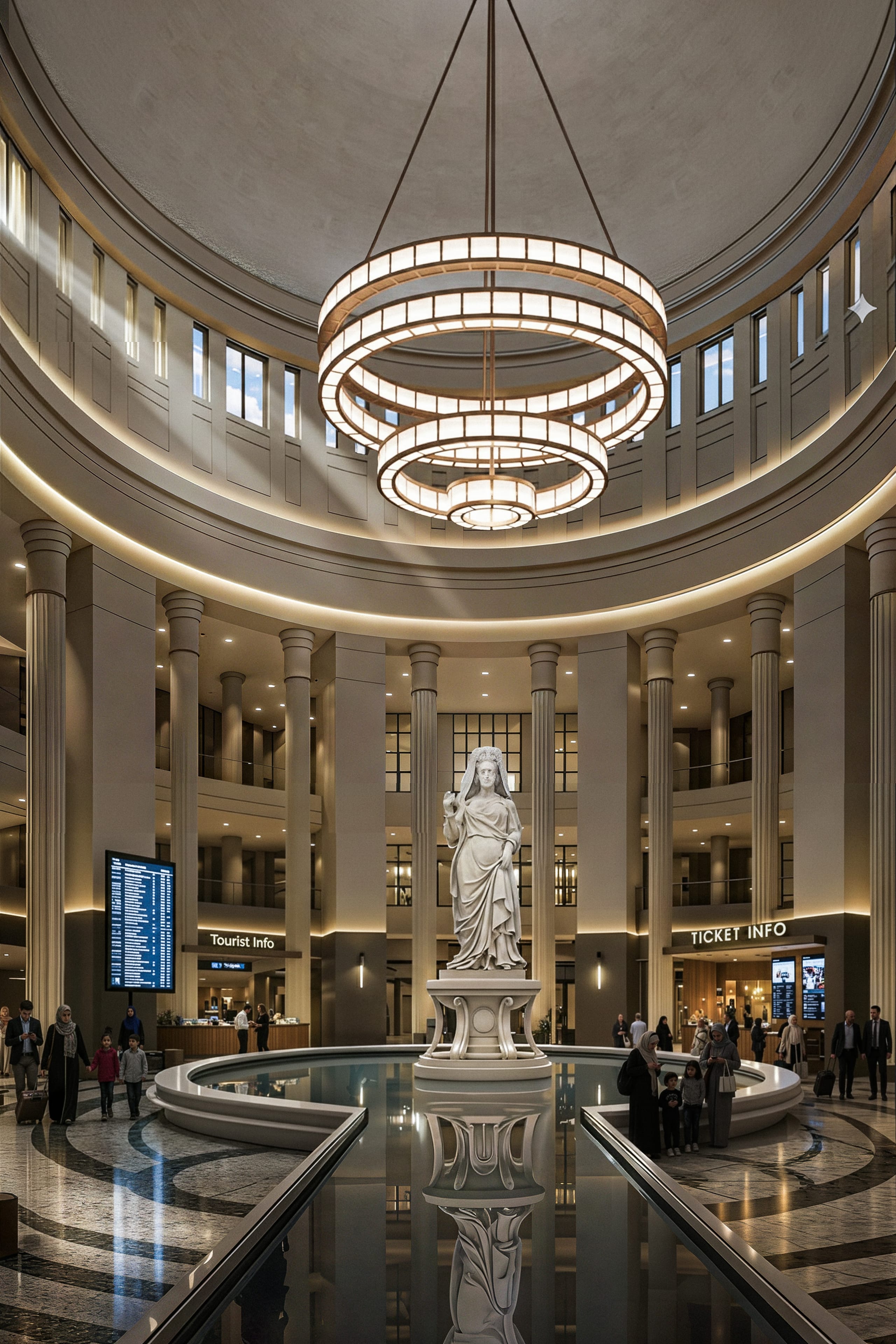 Interior of the station's domed hall with a tiered ring chandelier, a statue on a pedestal in a round pool fed by a water channel, and travellers around the ticket and tourist information desks.