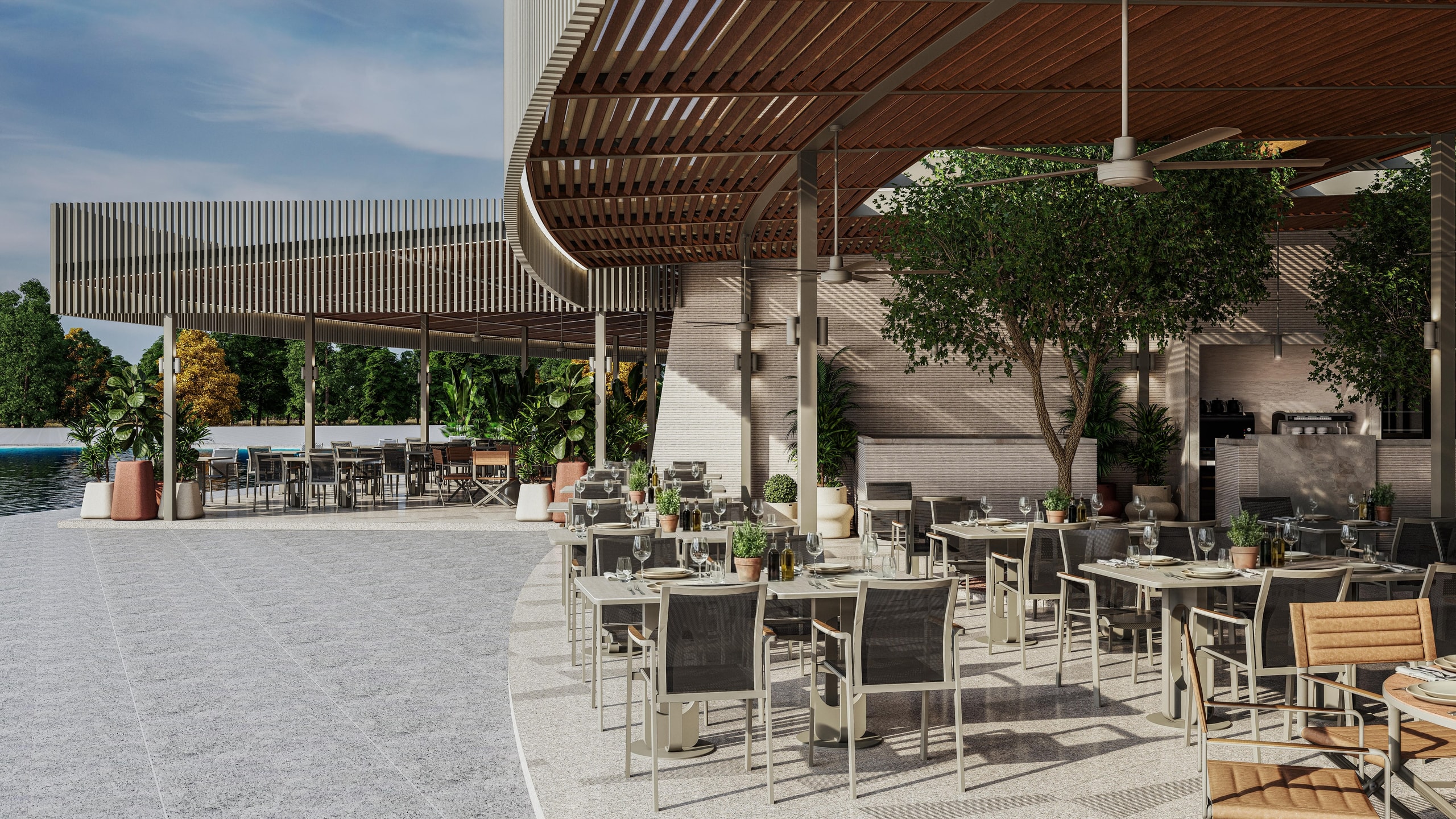 Curved restaurant terrace with a slatted canopy, a tree growing through the deck and a coffee bar, with a second terrace by the pool in the distance.