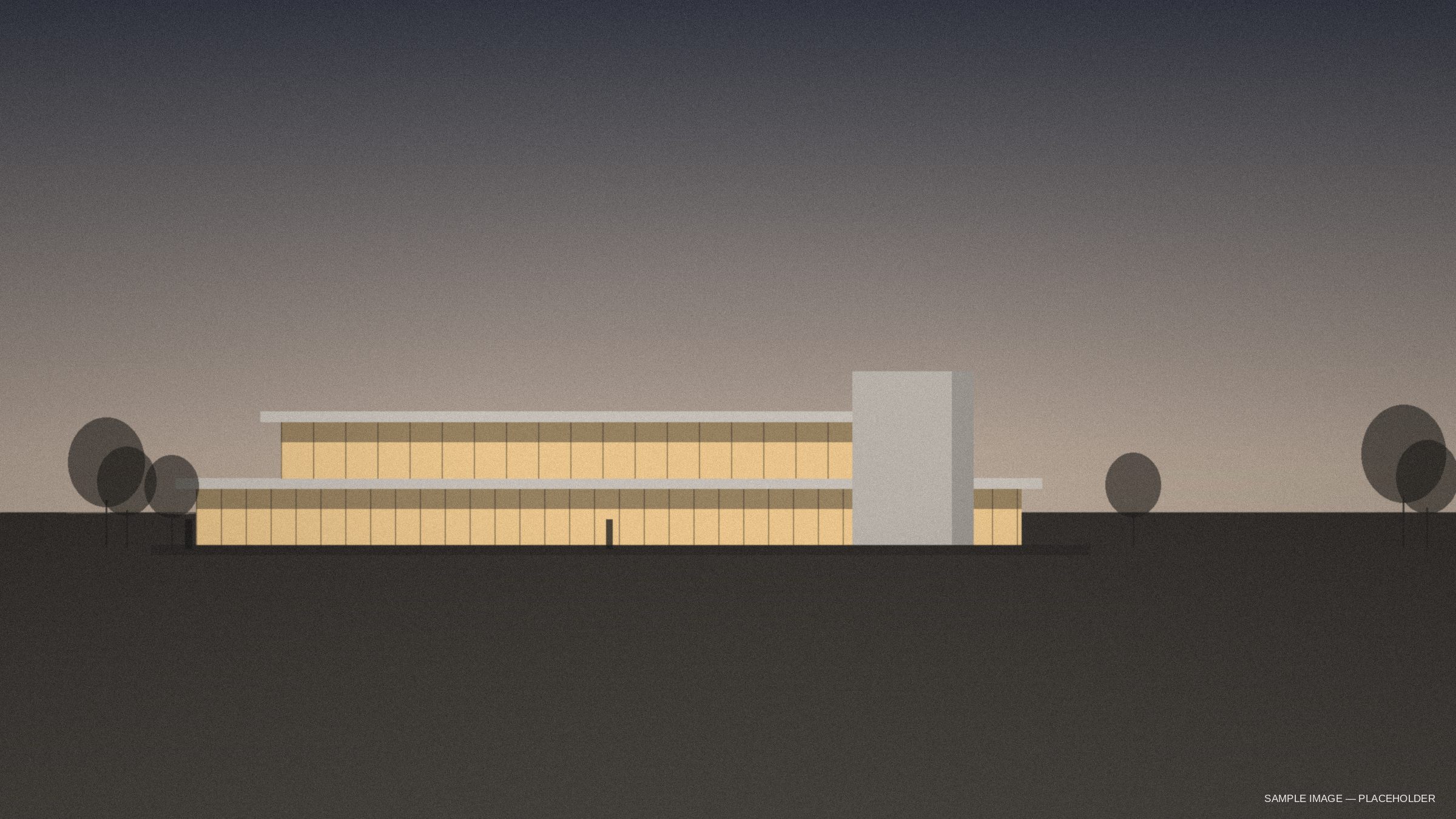 Sample render — long, low cultural centre with glazed floors at dusk