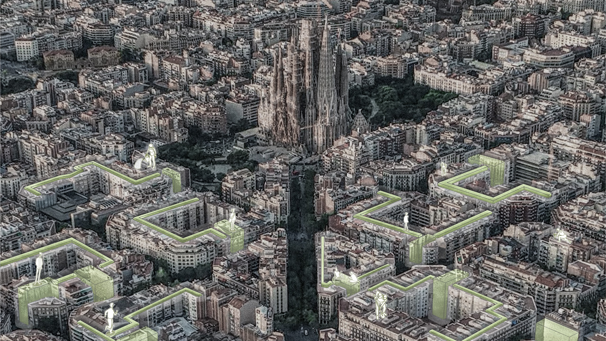 Aerial view of Barcelona's Eixample towards the Sagrada Família, with green elevated paths and vertical farming volumes drawn over the rooftops of the building blocks and small figures farming, walking and resting on them