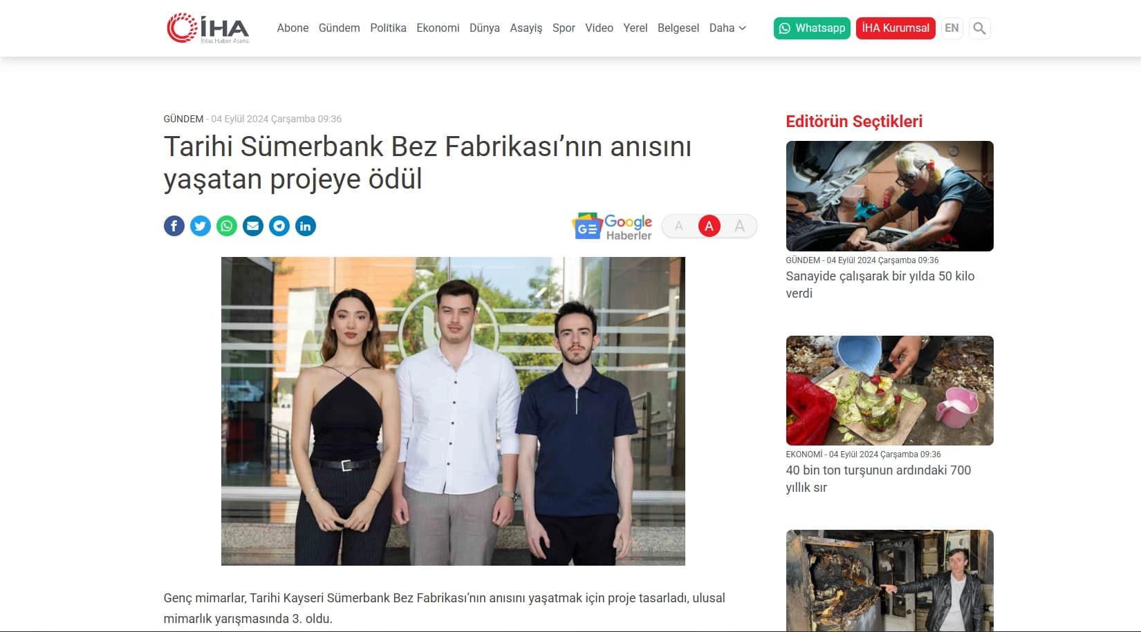 Screenshot of İhlas Haber Ajansı: Award for a Proposal Honouring the Historic Sümerbank Textile Factory