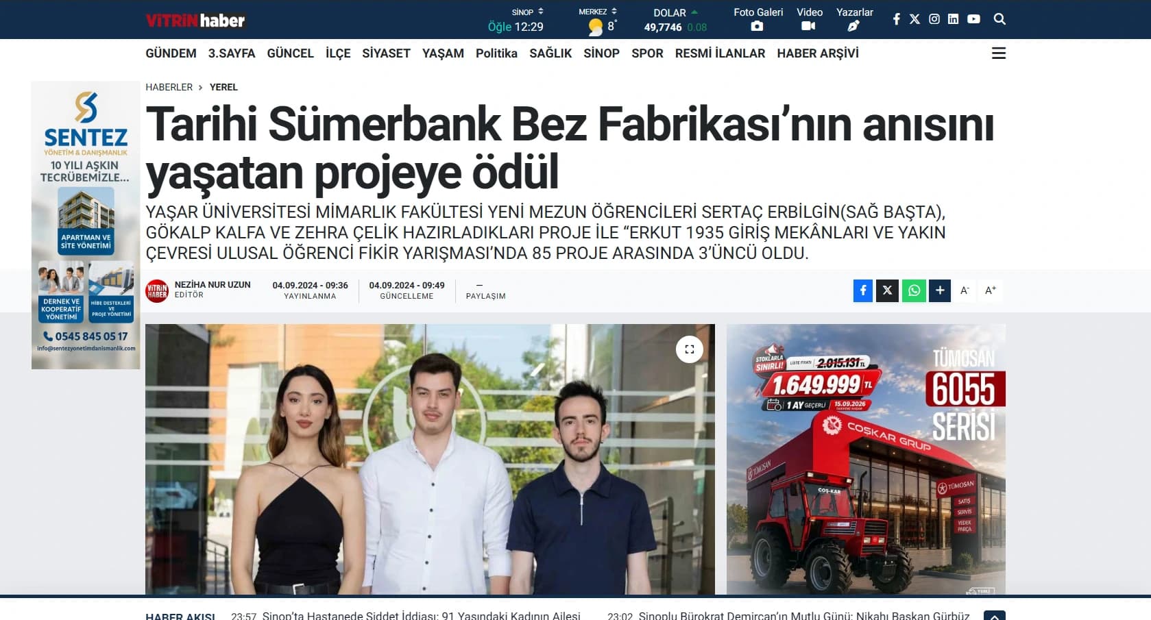 Screenshot of Vitrin Haber: Award for a Proposal Honouring the Historic Sümerbank Textile Factory