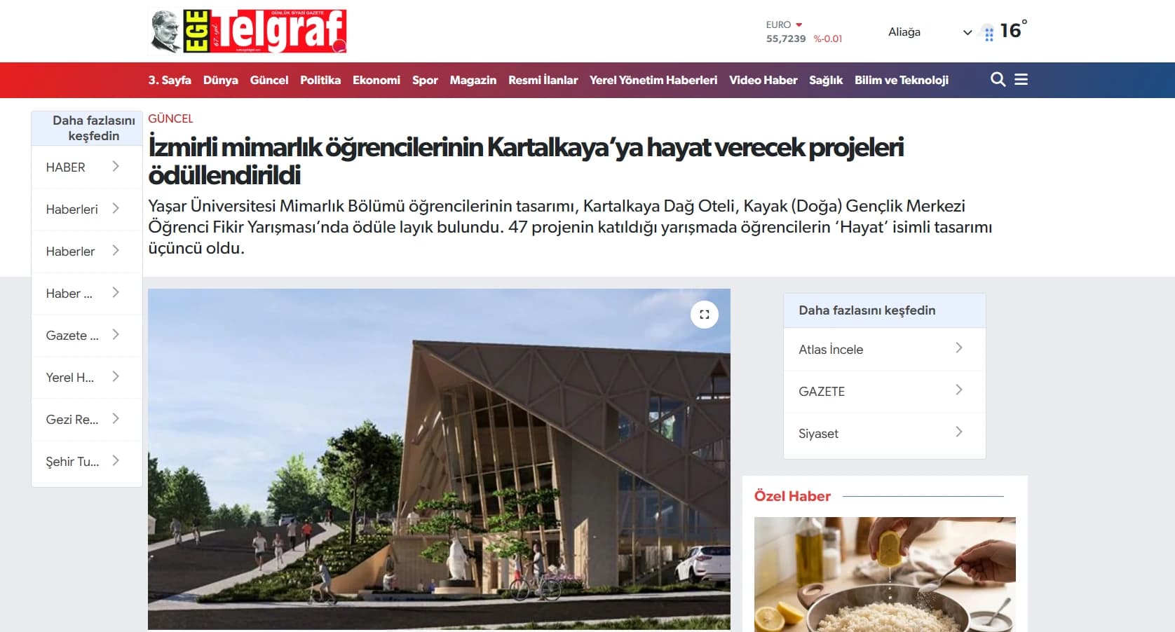 Screenshot of Ege Telgraf: İzmir Architecture Students Receive an Award for Their Kartalkaya Proposal