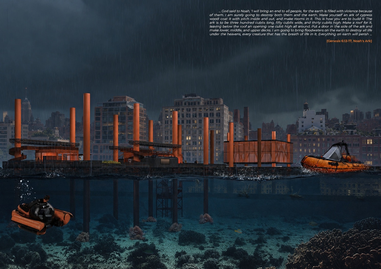 Split view of a flooded Manhattan waterfront in heavy rain, with orange columns and pavilions rising from a pier above the water, an orange rescue boat, and below the surface a small submarine among the pier's columns and coral, with a quotation from Genesis about Noah's Ark in the sky