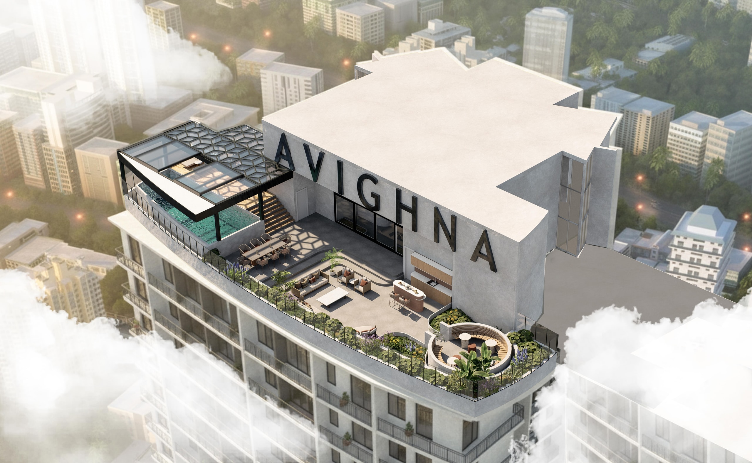 Aerial view of the Avighna tower's rooftop terrace above the clouds, with a glass-roofed pool, dining and lounge areas, a round seating pit and planting along the edge, and the city below