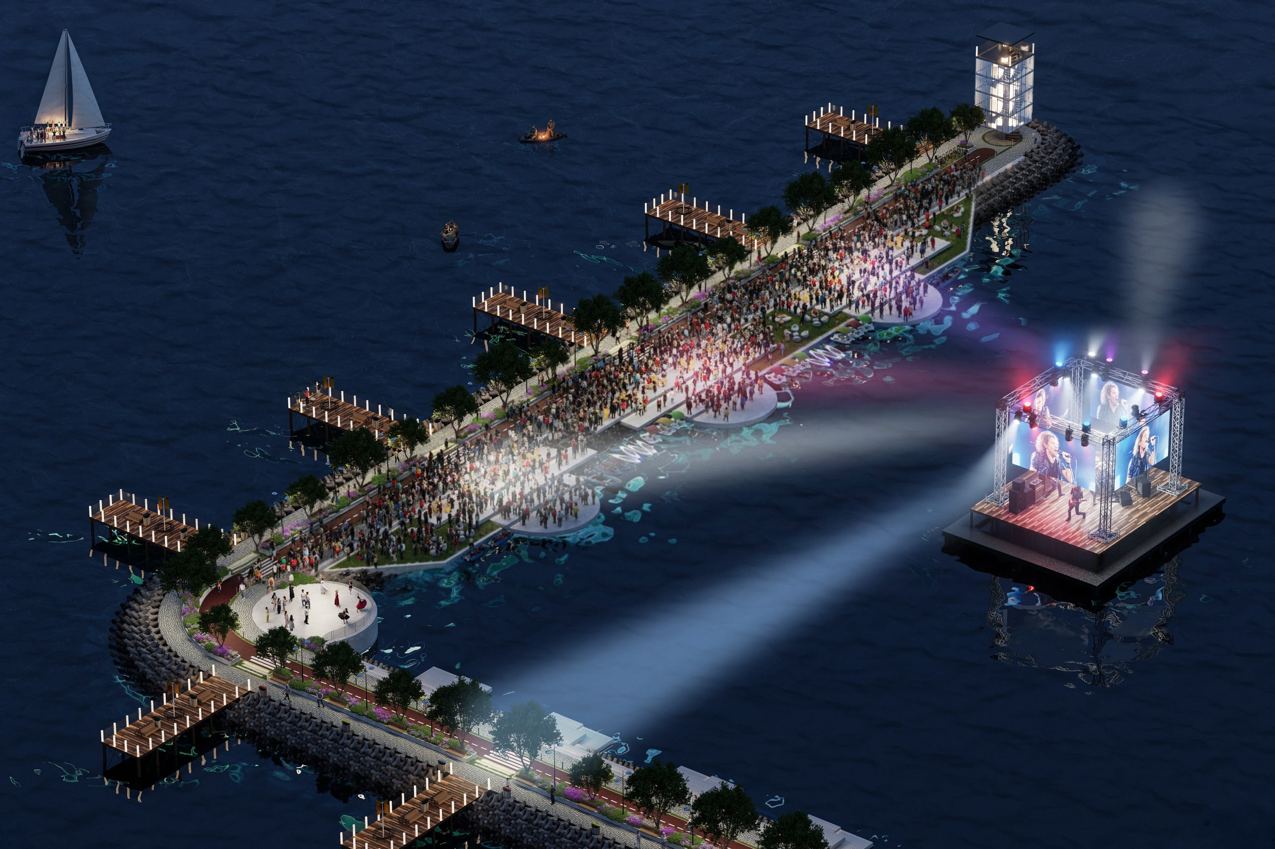 Night aerial view of the breakwater in İzmir Bay, its upper walkway crowded with people, wooden piers along the edge, a lit beacon tower at the end and a floating concert stage beside it