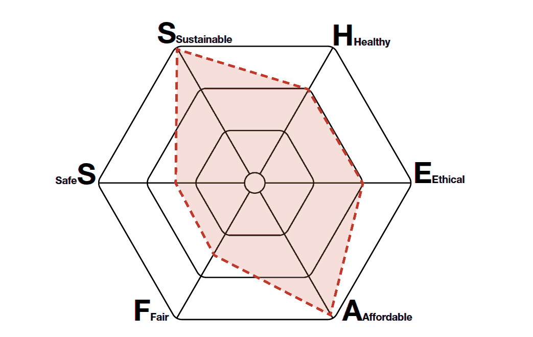SHEAFS hexagon diagram in red rating the project on six axes, with full scores for sustainable and affordable, high scores for ethical and healthy, and lower scores for fair and safe.
